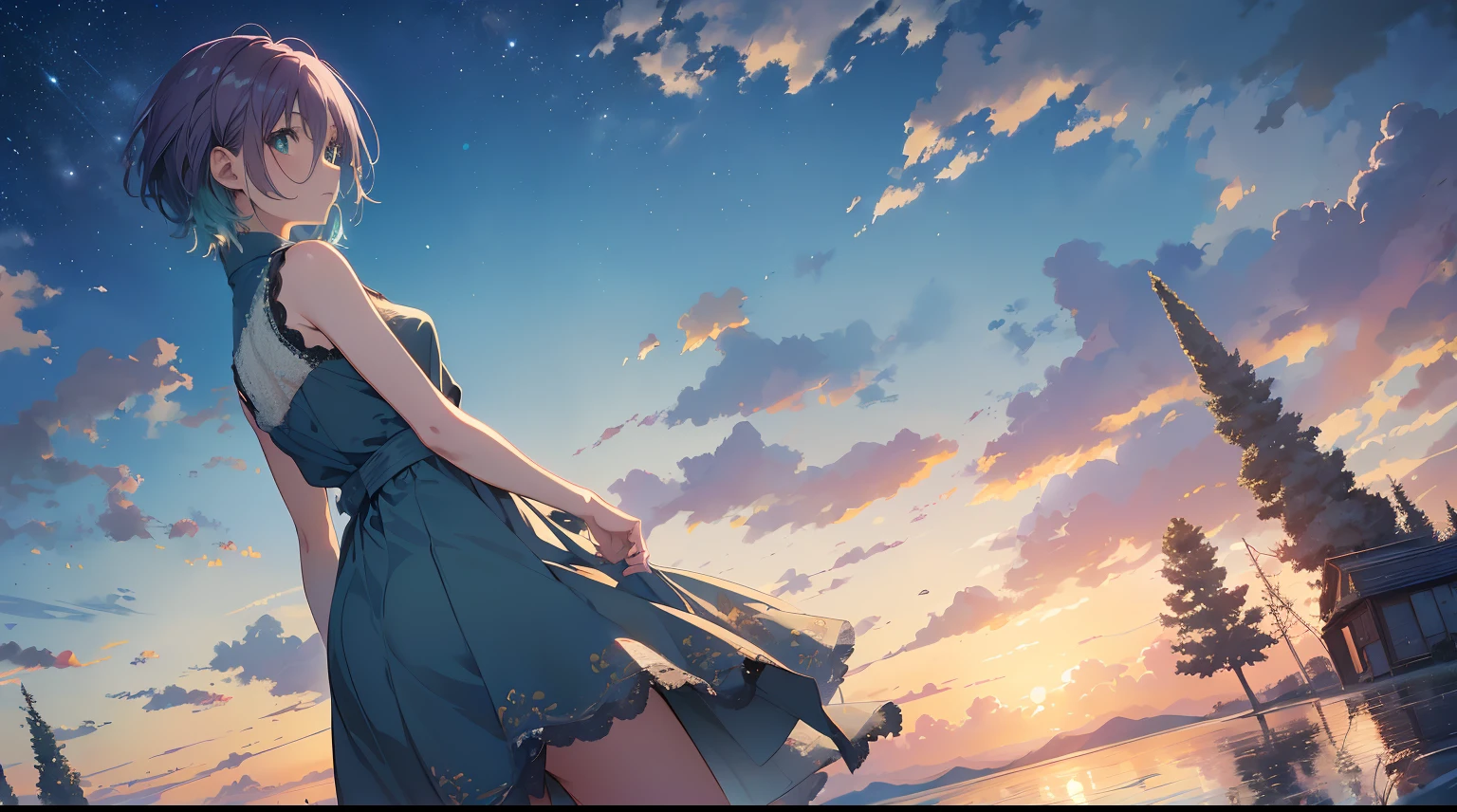 ((The Uyuni Salt Flat reflects the blue sky and summer clouds that stretch out in all directions. A girl walks through the middle of it, surrounded by the blue of the sky and the white of the clouds, creating a stunningly beautiful scene.)), BERAK (sunset:1.3),((anime girl walking on water)), (((The scenery is so vast that it can be seen)),(Perfect Anatomy:1.2),((Perfect hands:1.2)), (best quality:1.1), ((1girl)), from above、dutch angle、very wide shot、(((Toru Asakura:1.37, Solo))), (((bare-legged))), ))), (((Pure white summer dresses))), (((short cut hair))), (((blue hairs、耳环、gradation hair、multi color hair、Parted bangs、Purple hair、White summer dress with a lot of lace embroidery, sleeveless))), (Beautiful face, Cute face, Detailed face), (((Detailed beautiful green eyes))),NFSW,((masterpiece)), top-quality, Anime Art Wallpapers 8 K, ripples, Dawn background, ((illustratio, concept-art, animesque, key visual)),sparkling pupils, happy, reaching out ,forward hands,floating hair, shiny hair,outdoors, wind,sparkling pupils, sexy body, NFSW,((masterpiece)), top-quality, Anime Art Wallpapers 8 K,夏天、Makoto Shinkai's concept art、tumblr、magical realism、beautiful anime scene、Beautiful sky。By Shinkai Makoto、((By Shinkai Makoto))、anime background art、anime backgrounds、style of makoto shinkai、anime movie background、Galaxy Express、(((vast scenery))),extremely detailed CG unified 8k wallpaper, very fine 8KCG wallpaper, anime moe art style, Anime visuals of cute girls, anime style portrait, In an anime style, Beautiful anime, 8K Anime Art Style, In anime style、8K animation with detailed drawings, (masterpiece, Best Quality), High resolution, Ultra-detailed, ultra-sharp, Cinematic lighting、HDR、UHD、8K、Glowing eyes, blue-sky、Transparency、spread arms, standing , raise one leg, back view