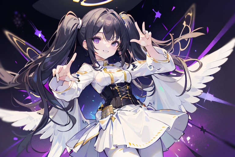 (dynamic angle, hand sign, white skirt,black hair, twintails, white skirt,white pantyhose,corset, 8K, masterpiece,detailed halo, highly detailed delicate face, girl, medium breast, round eyes,wing on the waist,purple eyes,god ray,detailed shading,depth of field, smile with grin, happy:1.2)