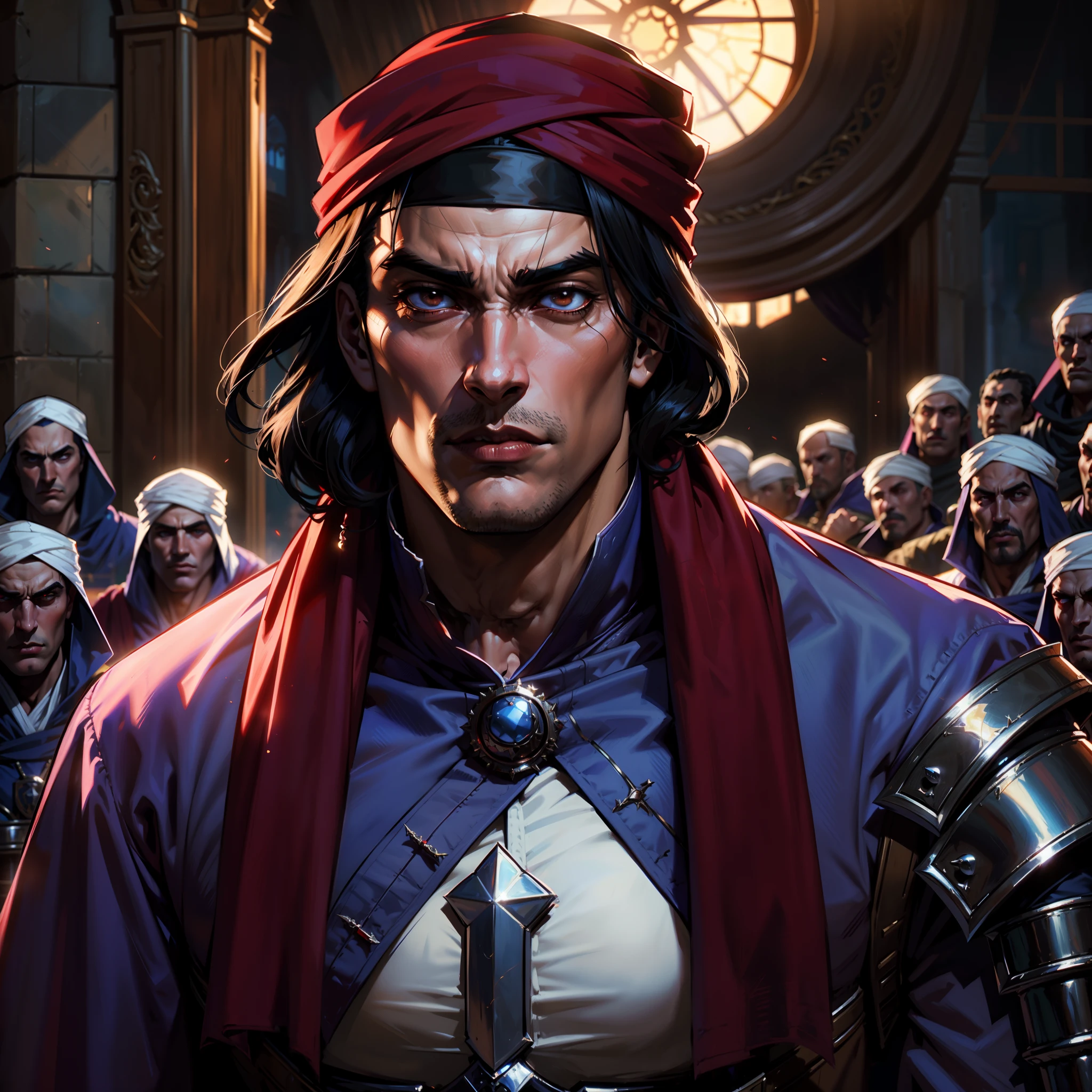 Moroccan Islamiv Castlevania lord of the shadows hyper realistic super detailed Dynamic shot master piece scene of Lord Dracula hokuto no Ken kenshiro style handsome muscular red turban leading troops army of demons to battle sharp détails