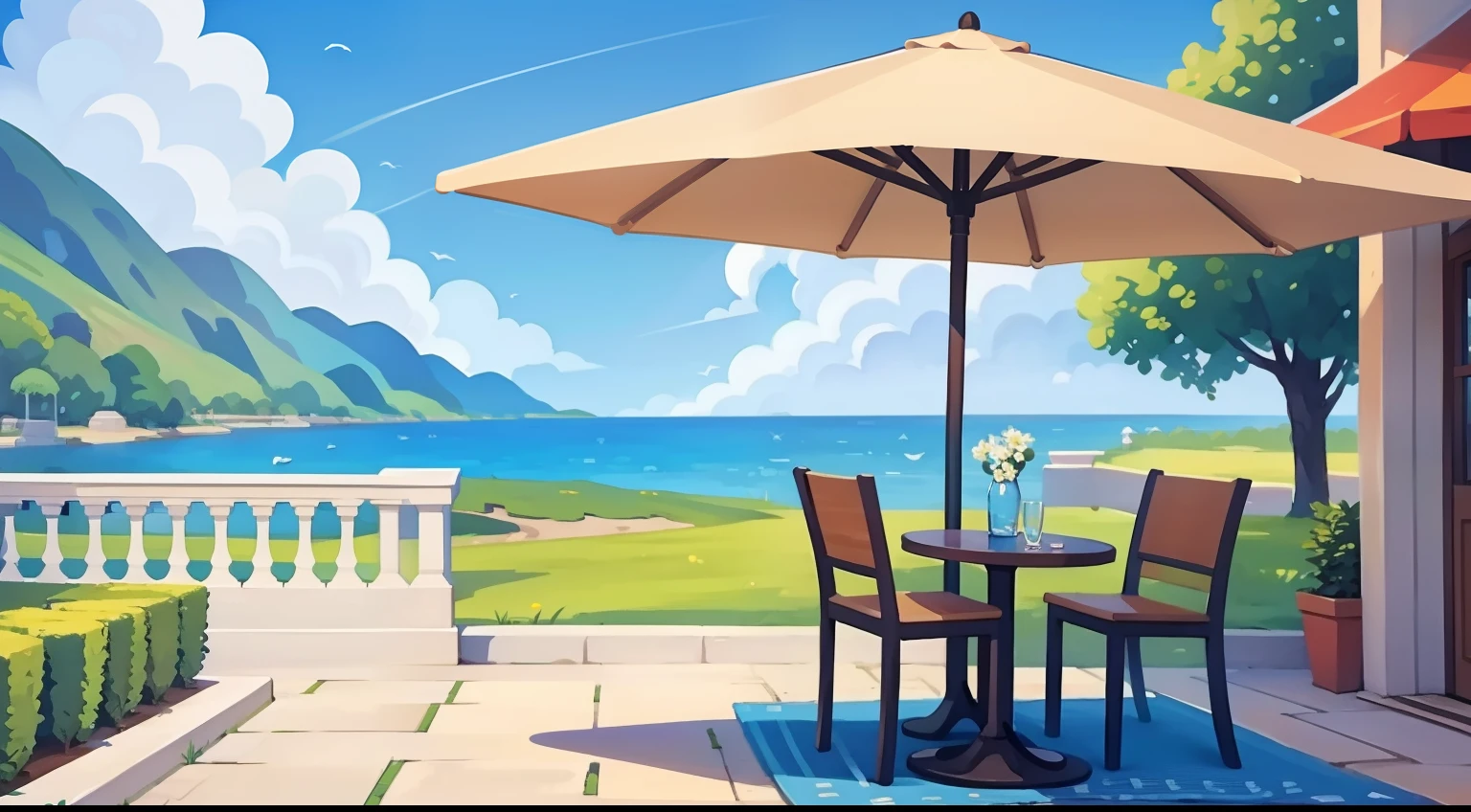 Beautiful landscape painting、Cafe terrace seating、blue-sky、ultra-quality、masutepiece、Natural Color