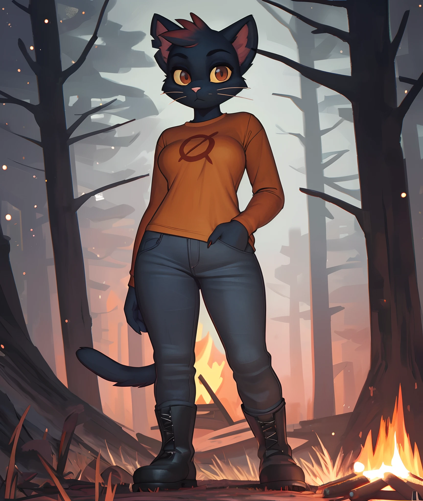 [mae borowski], [Night in the Woods], [Uploaded to e621.net; (Pixelsketcher), (wamudraws)], ((masterpiece)), ((HD)), ((best quality)), ((solo portrait)), ((front view)), ((furry; anthro)), ((detailed fur)), ((detailed soft shading)), ((beautiful render art)), {anthro; (slim figure), black fur, pink nose, cute brown eyes, whiskers, (short cat tail), (gorgeous wide hips), (beautiful feet), (black claws), (expressionless)}, {(orange long sleeve shirt), (long red sleeves), small boobs, (tight grey jeans), (black boots)}, {(standing), (arms at sides), (looking at viewer)}, [background; (woods), (nighttime), (campfire), (ambient lighting)]