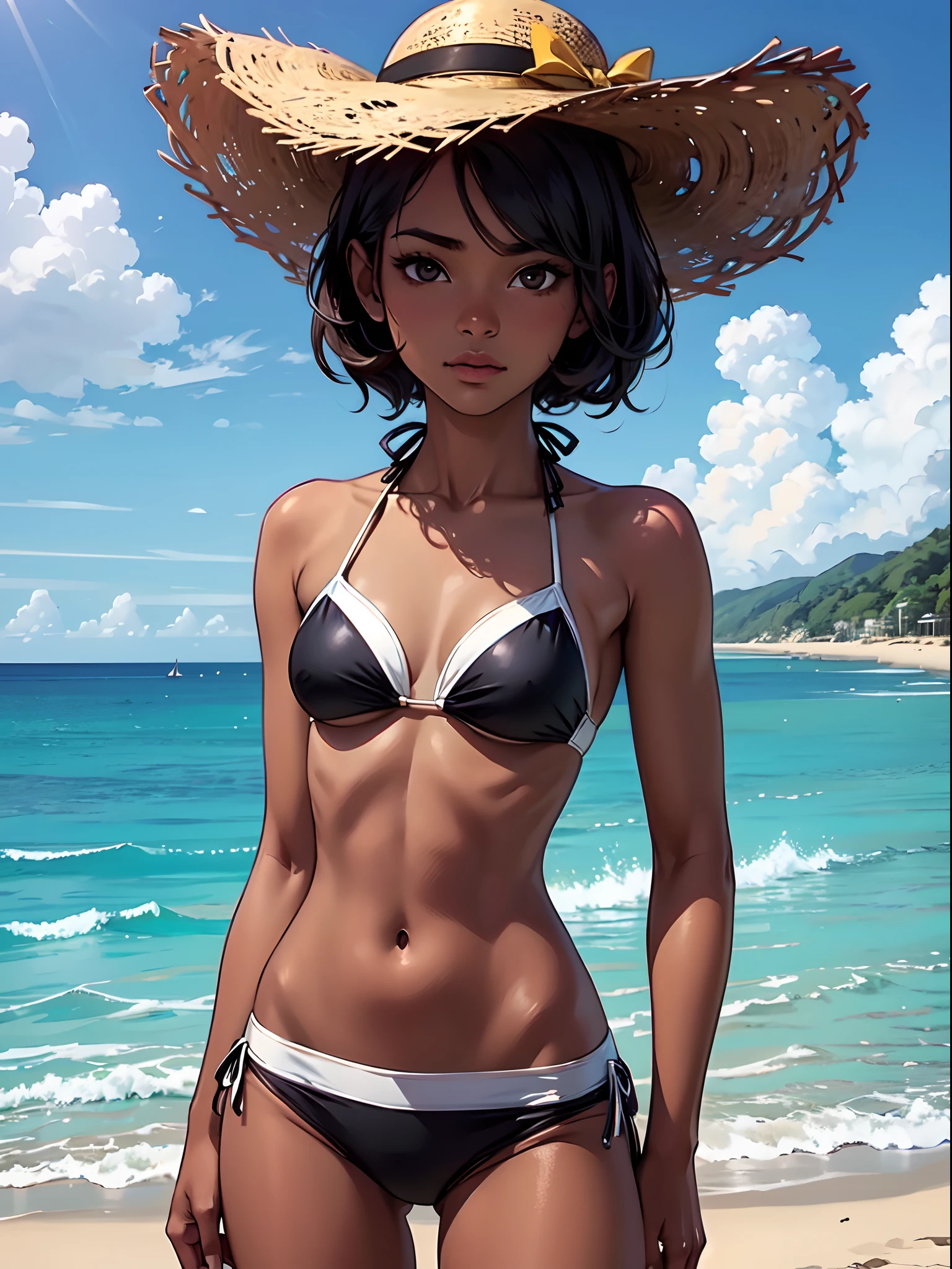 1girl, ite body, dark skin tone, small chest, portrait, black eyes, Bikini, beach background, best quality, quality at best
