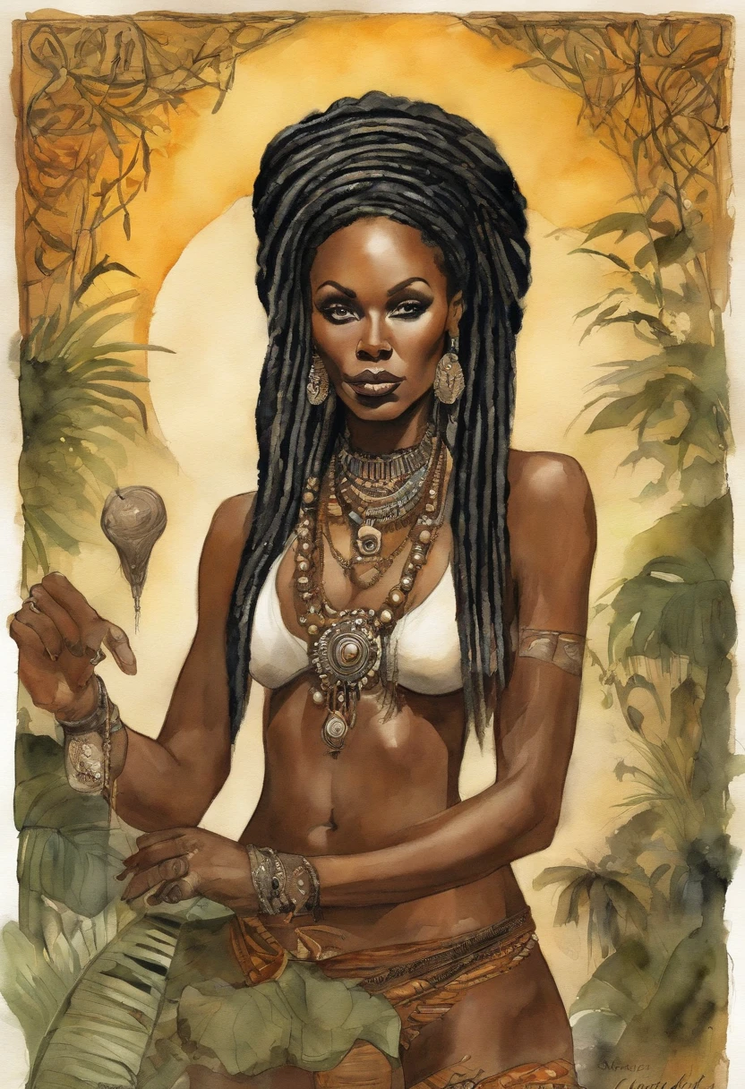 ((Masterpiece:1.4, Best quality:1.2)), Voodoo priestess, marshes, dreadlocks, skulls, Artwork portrait, adam hughes, Sexy, Erotic.