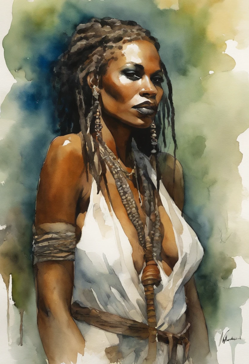 ((Masterpiece:1.4, Best quality:1.2)), Voodoo priestess, marshes, dreadlocks, skulls, Artwork portrait, adam hughes, Sexy, Erotic.