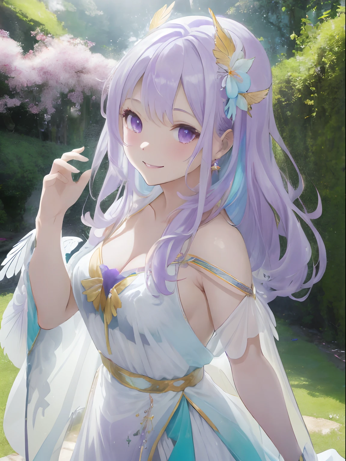 colorful flower々Forest in full bloom,White Luxurious Garden Palace (White Luxurious Garden Palace) (White Luxurious Garden Palace (White Luxurious Garden Palace)),Fluffy pale golden hair,Eyes pale yellow-green,Luxurious and voluminous white dress, The hem of the dress is long enough to reach the ground,coloured butterflies々Jumping around(Pale pink or yellow, Light purple and light blue),There is a sense of transparency on the back,、Large feathers that shine in rainbow colors(wingspan),Shawl made of translucent material on the shoulders,AHE Face,red tide,Pleasant look,Smile on his face,Dance happily in the forest,Graceful dance,ballet,The tree々Soft light shining through the gaps in the leaves,Angel Light Ladder,