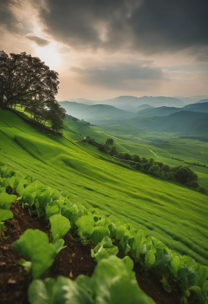 High-altitude overlooking，Green farmland，Overlooking the perspective。Super wide angle