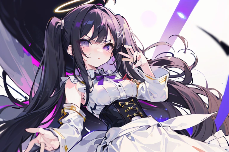 (dynamic angle, hand sign, white skirt,black hair, twintails, white skirt,white pantyhose,corset, 8K, masterpiece,detailed halo, highly detailed delicate face, little girl, medium breast, round eyes,wing on the waist,purple eyes,god ray,detailed shading,depth of field, angry, blush:1.2)