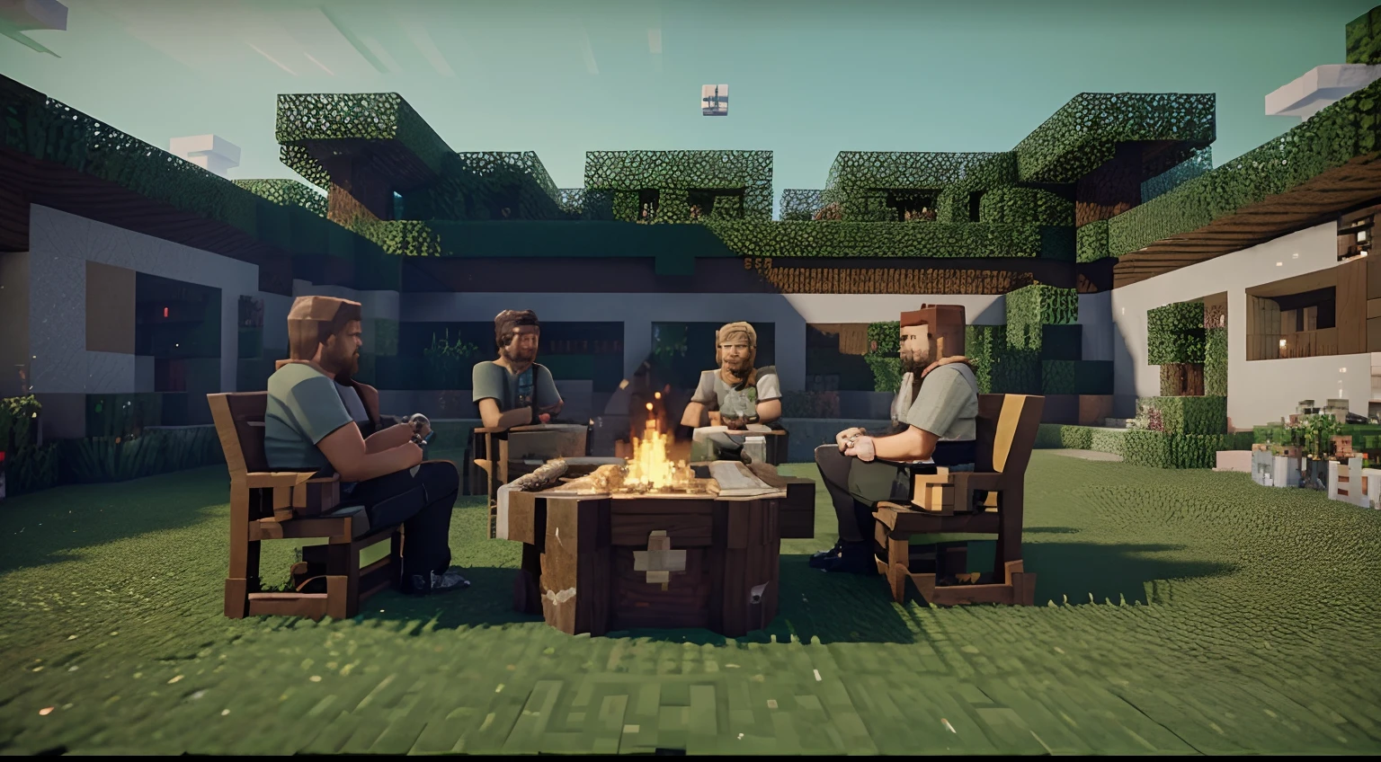 Minecraft is a game, which is very popular and a lot of fun, Lords of Minecraft, talking around a fire, minecraft gameplay, Minecraft Villager, Gigachad in Minecraft, cinematic minecraft, style of minecraft