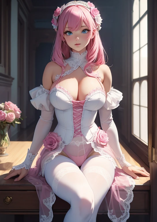 ((Masterpiece,Highest quality))perfect proportions,full bodyesbian,Beautiful woman,Pink hair,blue eyes,white lace pantyhose,rose decoration,Natural light INFORMATION