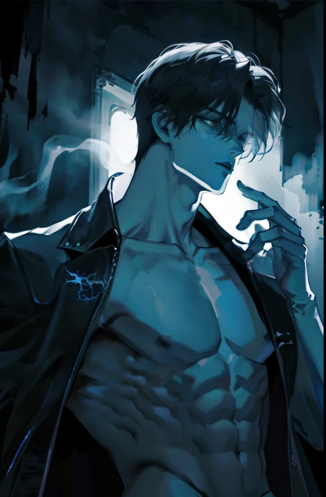 masterpiece, best quality, 1 male, adult, mature, tall muscular guy, Dark theme, a vivid and atmospheric scene where a male vampire bathes in the ethereal glow of moonlight, capturing the essence of his otherworldly presence, the interplay of shadows and light, and the mysterious aura surrounding him. Explore the details of the setting, his demeanor, and any supernatural elements that enhance the scene