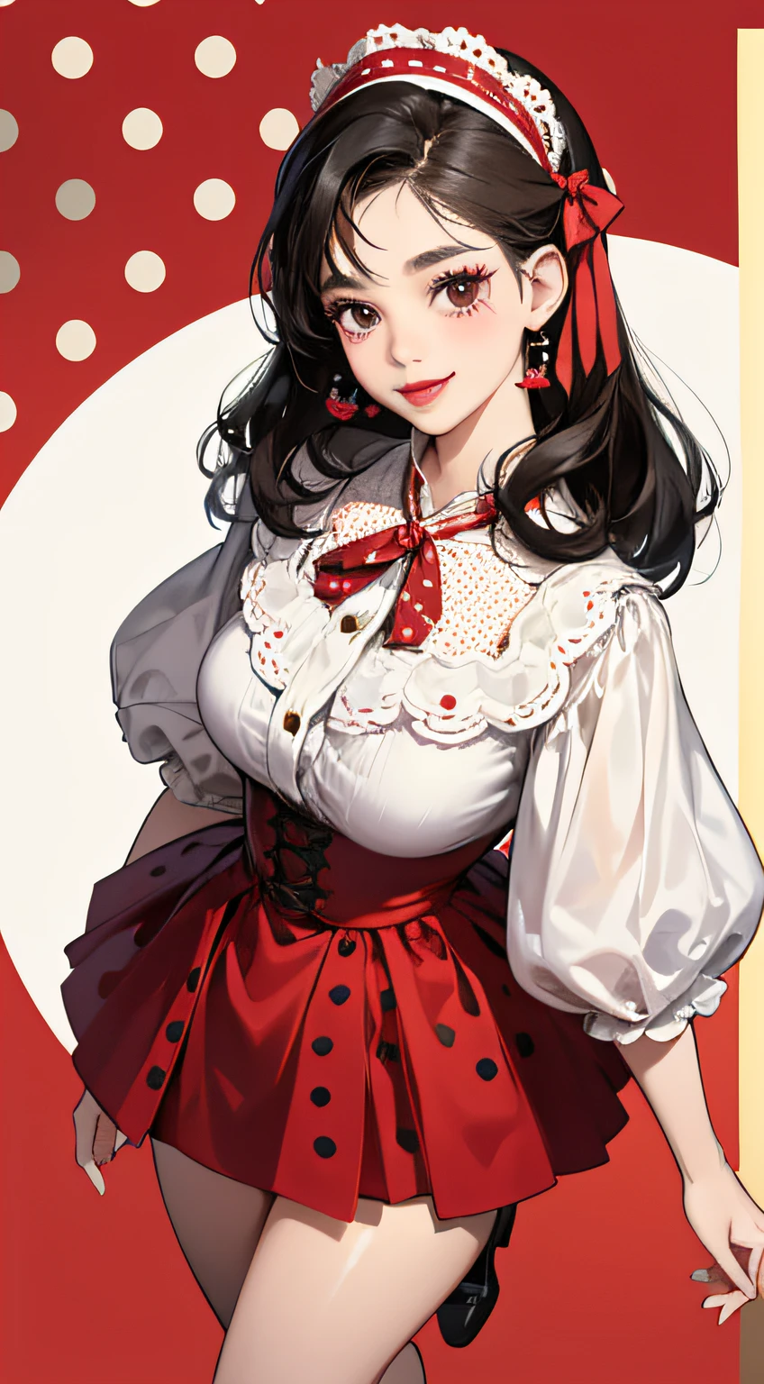 Full body portrait、Beautiful woman in cute costume、smil、Dark hair、red lipsticks、Black eyes、She wears a red ribbon with white polka dots on her head、The background is pop and cute.、longshot