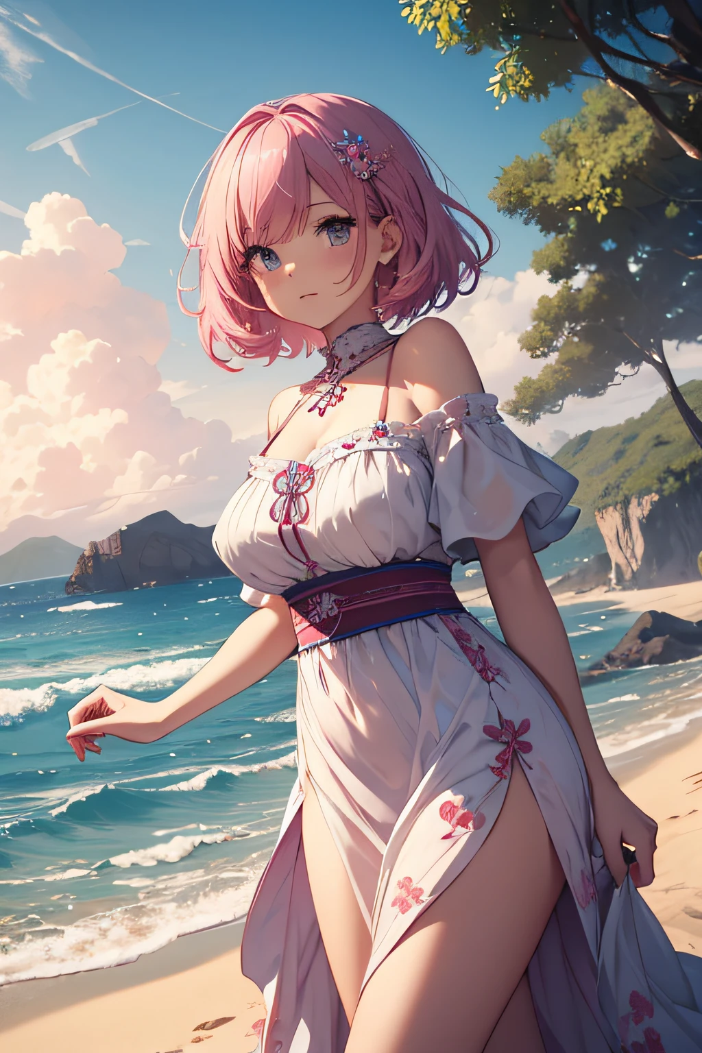 ​masterpiece、Massive landscape（（Mysterious Sea、sand beach））、a beauty girl、huge tit、Pink Hair Short Hair、Embroidery on a long dress 、hair adornments