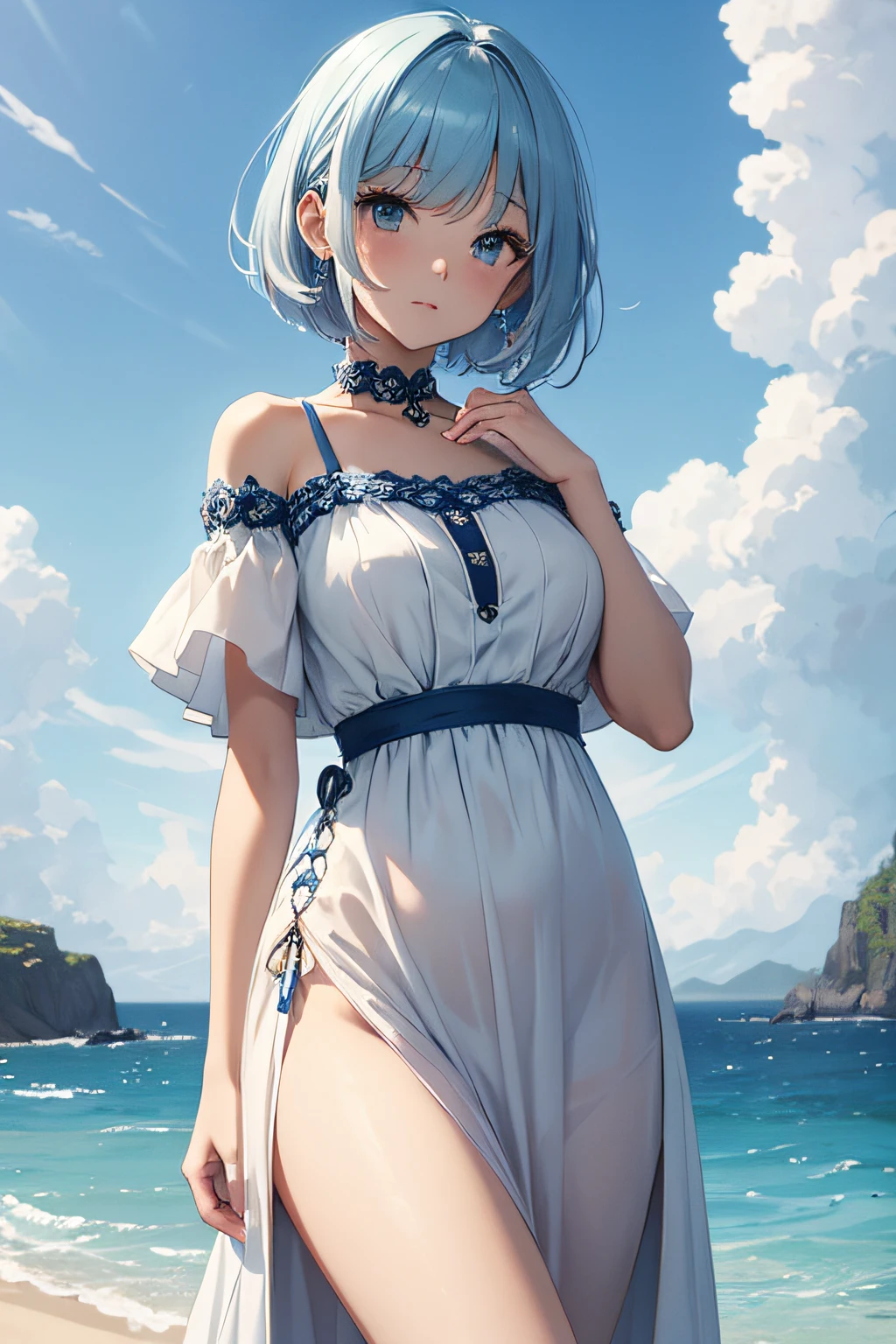 masterpiece、Massive landscape((Mysterious Sea、sand beach))、a beauty girl、huge tit、Light blue hair short hair、Embroidery on a long dress 、hair adornments