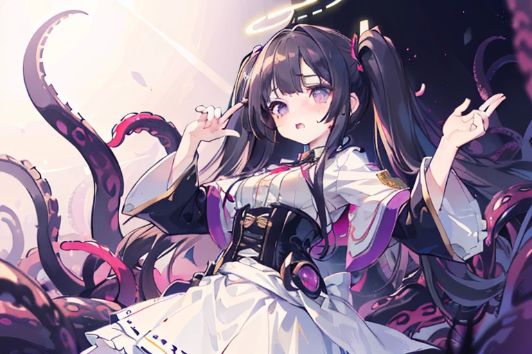 (dynamic angle, hand sign, white skirt,black hair, twintails, white skirt,white pantyhose,corset, 8K, masterpiece,detailed halo, highly detailed delicate face, little girl, medium breast, round eyes,wing on the waist,purple eyes,god ray,detailed shading,depth of field, open mouth, sad, blush, tentacles:1.2)