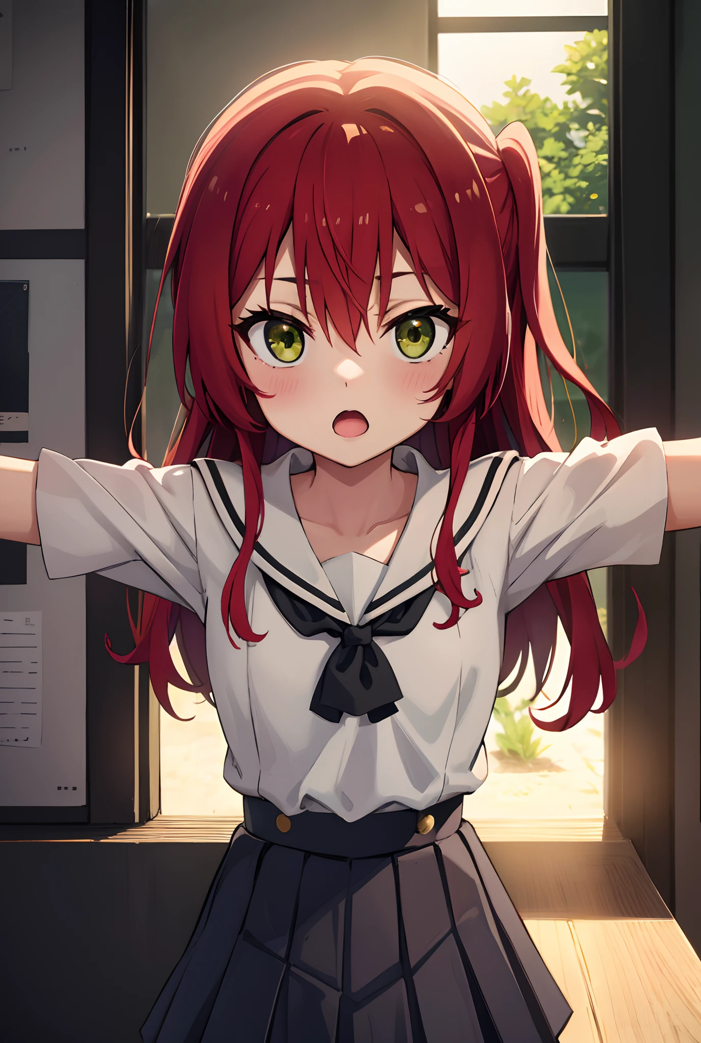 kitaikuyo, ikuyo kita, (green eyes:1.5), hair between eyes, long hair, one side up, red hair, (flat chest:1.2),
BREAK black footwear, black skirt, grey sailor collar, pleated skirt, sailor collar, school uniform, shoes, short sleeves, shuka high school uniform, skirt,,
BREAK looking at viewer,
BREAK indoors, classroom,
BREAK (masterpiece:1.2), best quality, high resolution, unity 8k wallpaper, (illustration:0.8), (beautiful detailed eyes:1.6), extremely detailed face, perfect lighting, extremely detailed CG, (perfect hands, perfect anatomy),up chest.big breasts.open mouth.serious.Spread your arms