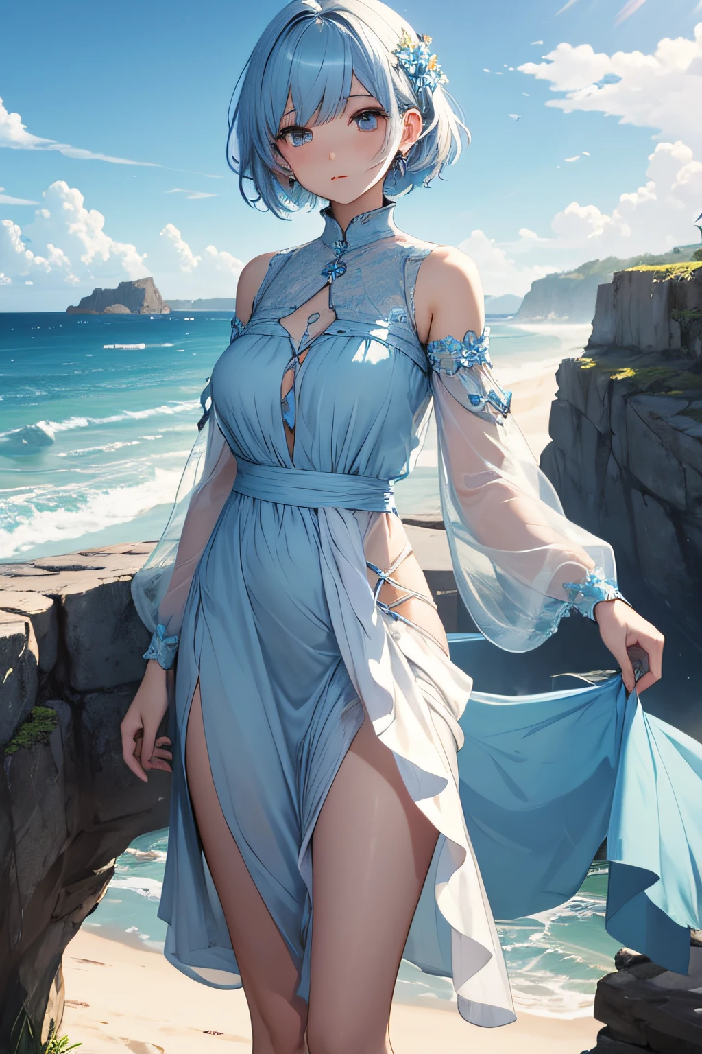​masterpiece、Massive landscape（（Mysterious Sea、sand beach））、a beauty girl、huge tit、Light blue hair short hair、Embroidery on a long dress 、hair adornments