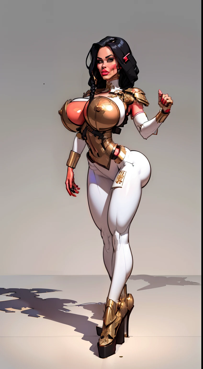 ((masterpiece)),(((best quality))),((character design sheet)), ((full body view)) ((cyberpunk empress)) mature face, ((middle eastern eyes:1.4)), ((cybernetic gown)), (((intricate futuristic breastplate))), defined cheekbones, high cheekbones, illustration, muscular, ((cyber gold:1.4)), sexy bimbo, (gigantic breasts:1.7) black hair, ((detailed face:1.4)) beautiful woman, (Chinese:1.4) (white skin:1.4) , (red lipstick:1.4), shiny skin, scribbles and marks,(puffy lips:1.4) , rough sketches, pose, 8k,16k, (simple background, white background: 1.3) ((warm color palette)), ((cyberpunk aesthetic)), (((scattered shadows)))