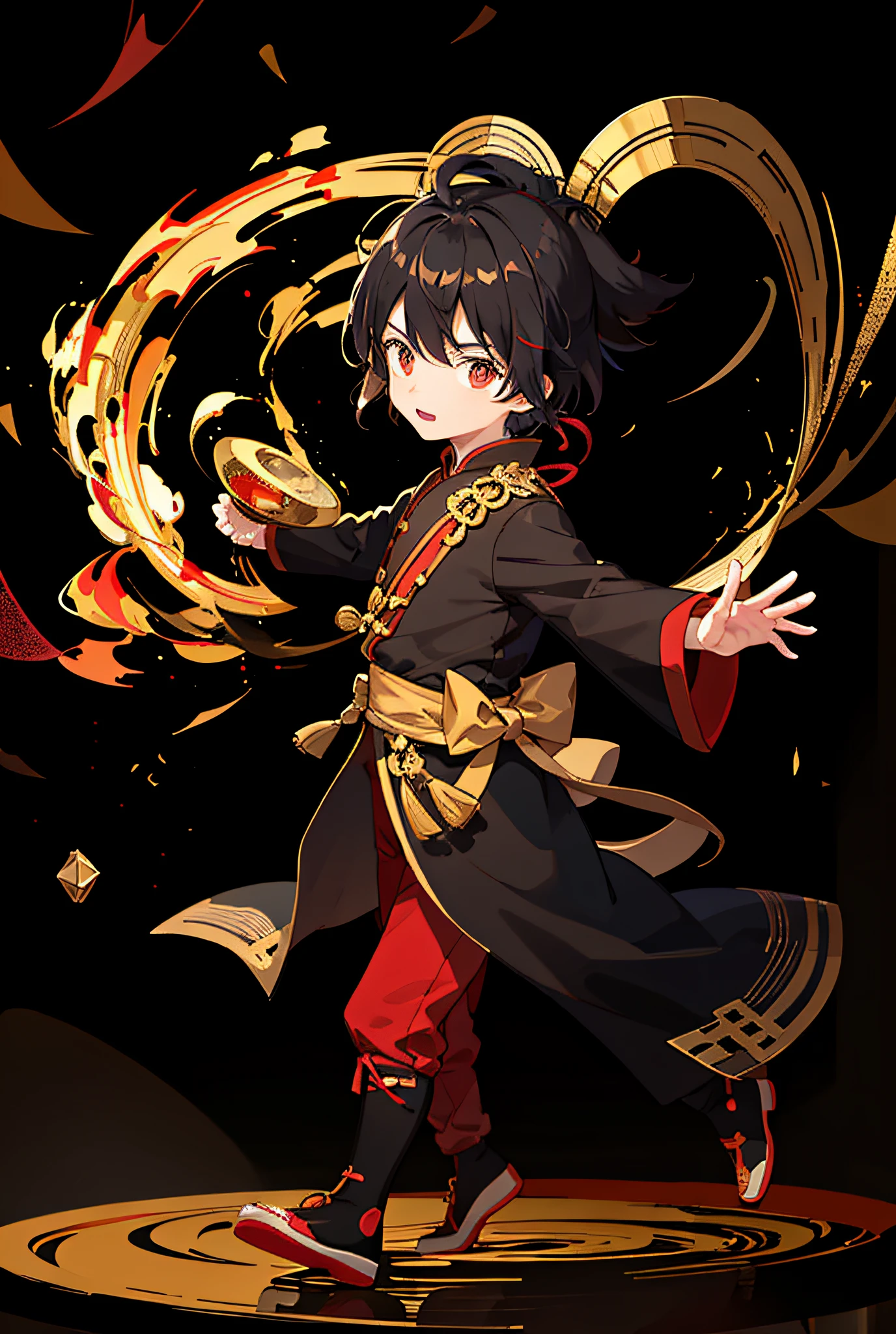 Digital illustration,china boy,short detailed hair,He wears a black, red and gold hanfu,There were golden streamers floating in the air,Behind all kinds of ceramics,Exhibition World