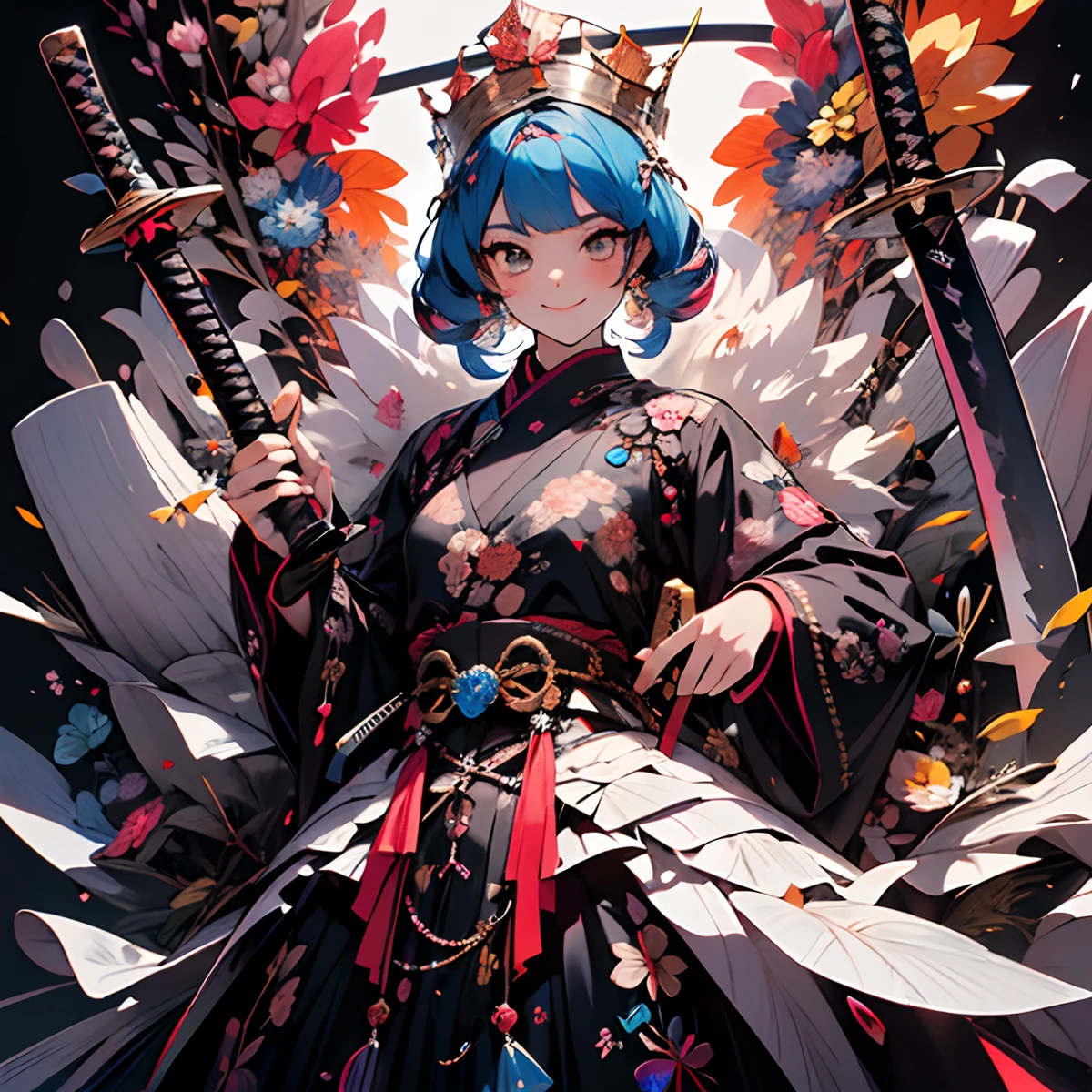 ((Crown of Gemstones)),Jewels are the main composition,A gem beyond imagination,innocent smiles、eye glass、Never seen、Seven colors,(1girl in, Solo:1.6),(Cute smile),(Clothes are simple), (Best Impact:1.5), (maximalism:1.7), Vivid contrast, (Realistic), hyperrealistic illustrations, hight resolution, ultra-detailliert, absurderes,(Fractal Art:1.3)、Random hairstyle、Random hair color colorful、FULL BODYSHOT、Retro、incredibly fine illustrations, Perfect Anatomy, nice hand, Perfect hands, Detailed beautiful hands, Precise focus、randome pose、cinema4d、Drama,((holding swords)),((holding katana)),((Placed sword 1.2)),