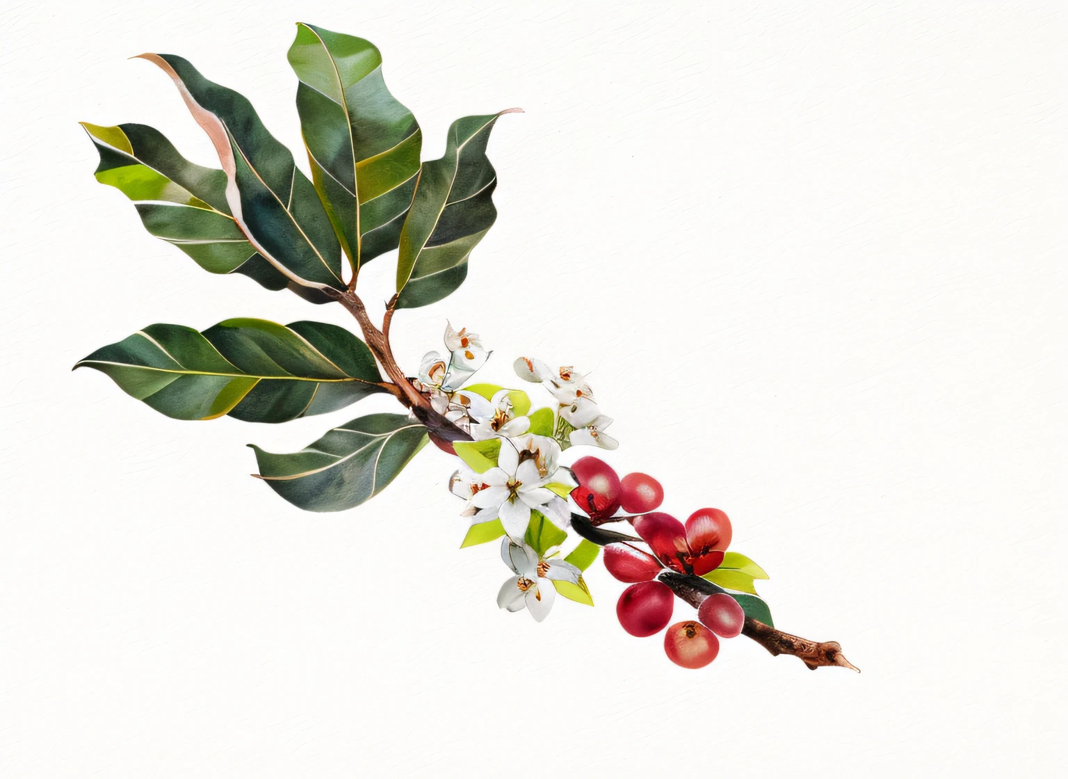 Branches and leaves of a coffee tree with white flowers，Tattoo pattern
