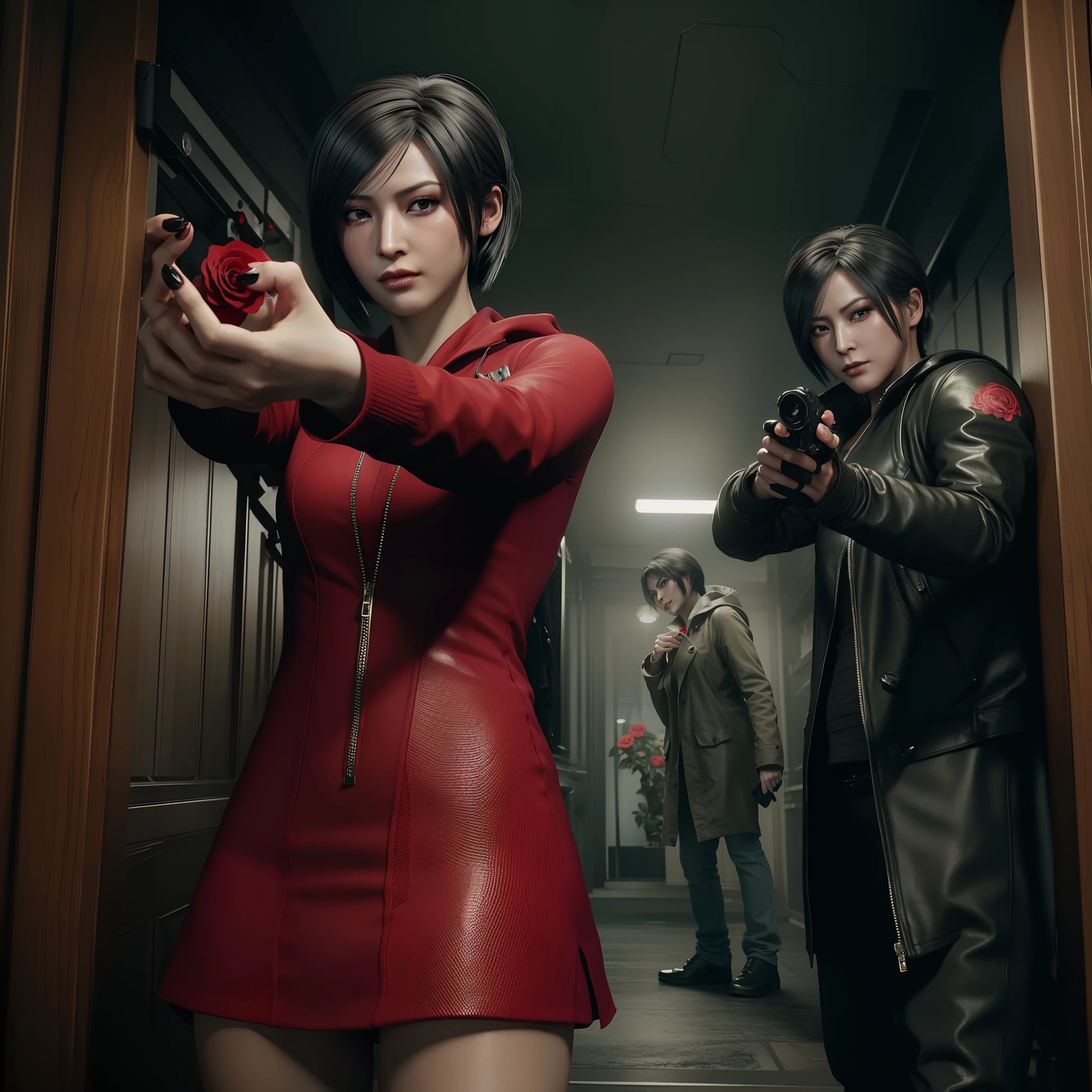 Ada wong 40 years old, beautiful face, bob hair, perfect Face, wearing mini red rose dress hoody, black nail polish, glare, red heels