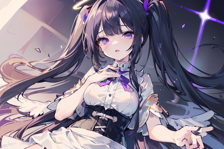 (dynamic angle, hand sign, white skirt,black hair, twintails, white skirt,white pantyhose,corset, 8K, masterpiece,detailed halo, highly detailed delicate face,  girl, medium breast, round eyes,wing on the waist,purple eyes,god ray,detailed shading,depth of field, open mouth, sleepy:1.2)