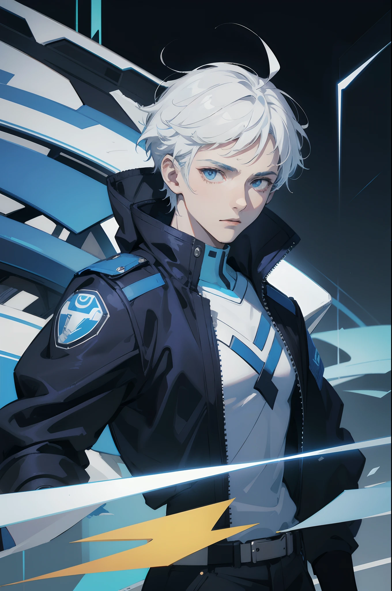 A 15-year-old teenage boy, a boy engineer and artificer, robot boy, pale skin tone, without a beard, without a goatee, no facial hair, no body hair, white hair color, straight hair, futuristic black and blue jacket, cyberpunk black and blue jacket, with white lightning bolts on his body, surrounded by white lightning, thunder background, thunderbolts