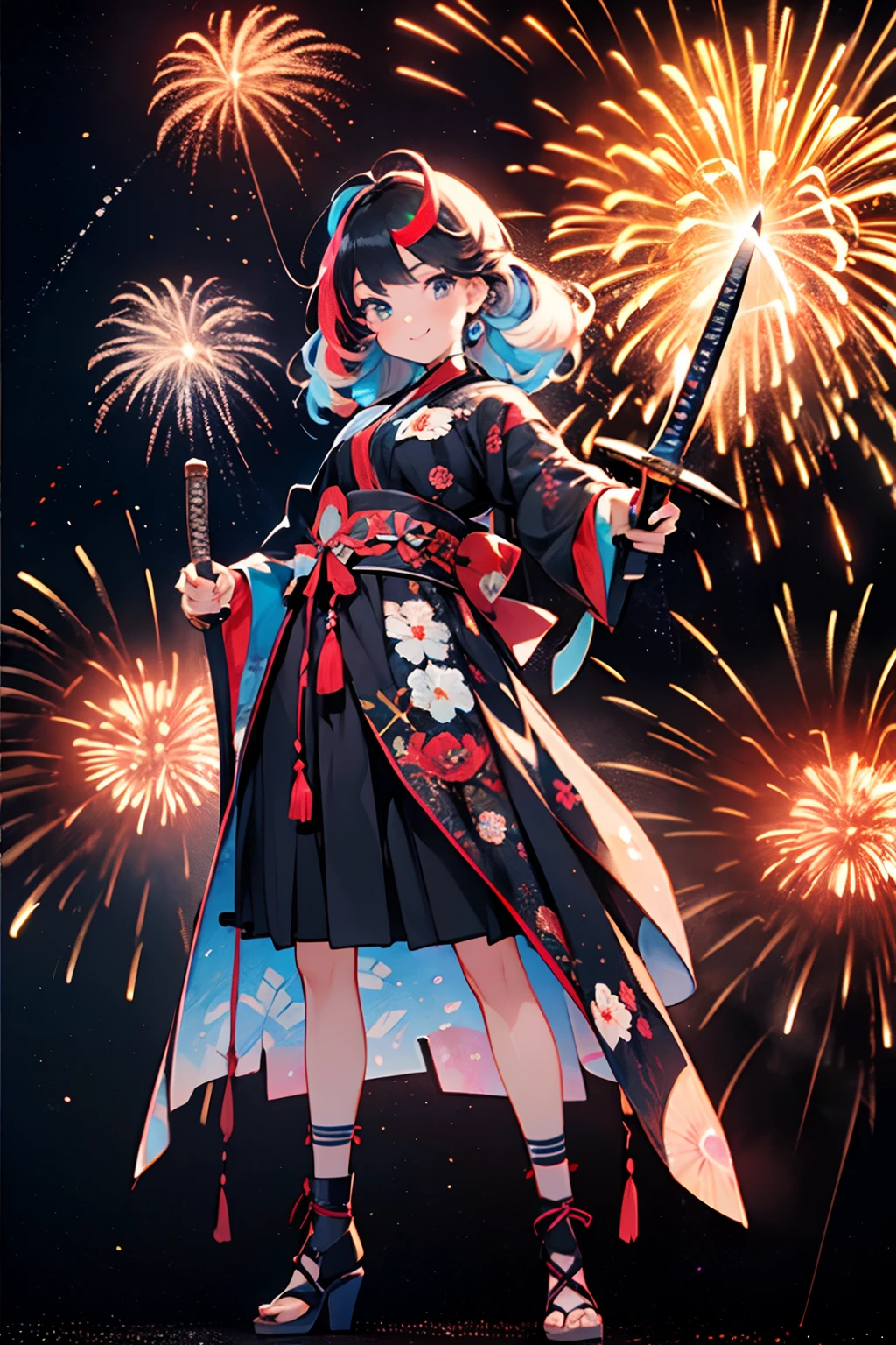 ((Fireworks display seen from space)),Fireworks are the main composition,Fireworks display beyond imagination,innocent smiles、eye glass、Never seen、Seven colors,(1girl in, Solo:1.6),(Cute smile),(Clothes are simple), (Best Impact:1.5), (maximalism:1.7), Vivid contrast, (Realistic), hyperrealistic illustrations, hight resolution, ultra-detailliert, absurderes,(Fractal Art:1.3)、Random hairstyle、Random hair color colorful、FULL BODYSHOT、Retro、Precise focus、randome pose、cinema4d、Drama,((holding swords)),((holding katana))