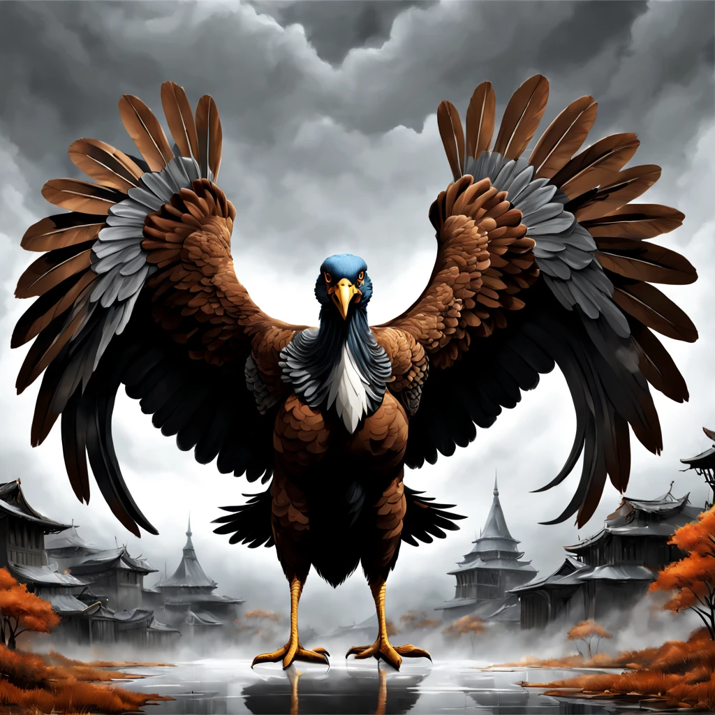 turkey in deep blacks rich browns and soft greys, wings open and causing tornados to spin all around, in 3d anime art style, masterpiece, best quality, Kansas background