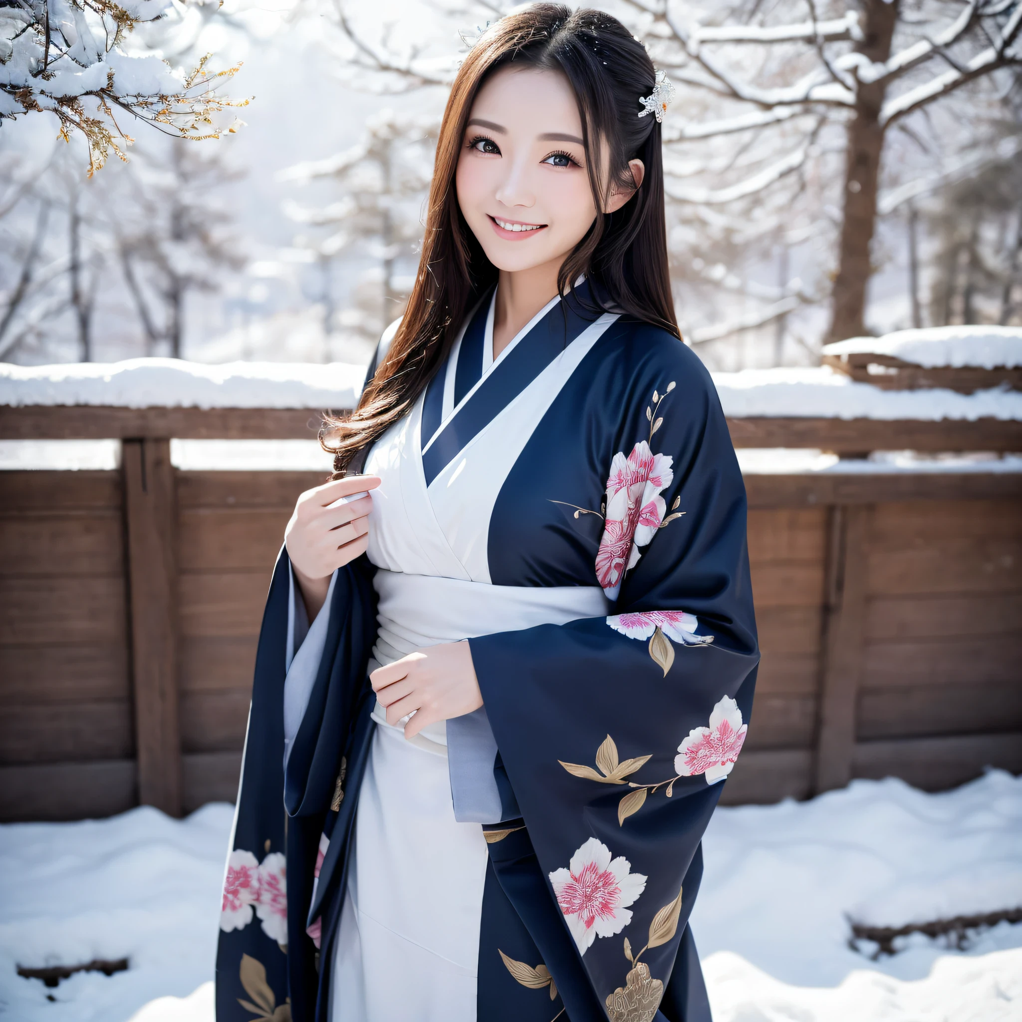 (Super beautiful woman in kimono)、((best qualtiy、8k masterpieces:1.3))、foco nítido:1.2、(ultra beautiful faces:1.0)、(shinny skin:1.0)、photos realistic、A dark-haired、Video Lighting、High-definition eyes and face、Video Lighting、Japanese actressl、from the front side、medium breasts、With a happy smile、Slender Abs Beauty、Whole body、wearing kimonos、In a snowy landscape in the middle of winter