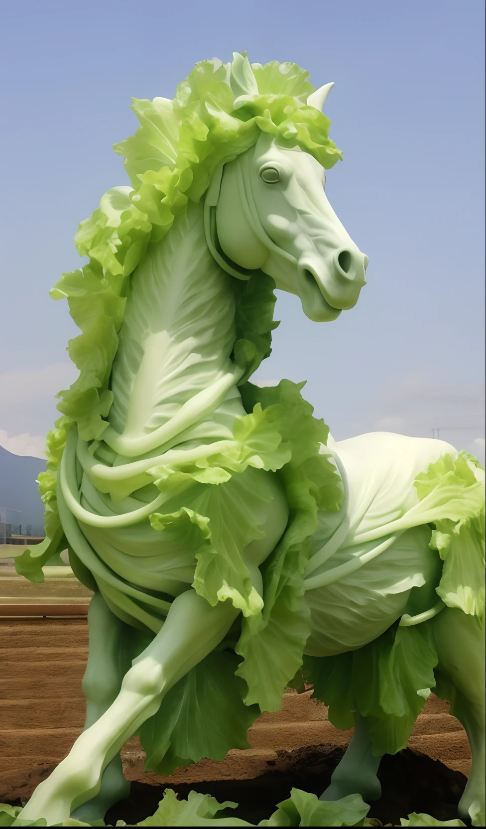 Close-up of horse statue made of lettuce, lettuce, Salad, Giant sculpture, green mane, anthropomorphic horse, author：Ron S, highly detailed sculpture, baroque vaporwave statue, very very surreal, funny sculpture, Escultura!!, made out of plastic, award winning sculpture, great likeness, Masterpiece!!, made of food, Masterpiece!