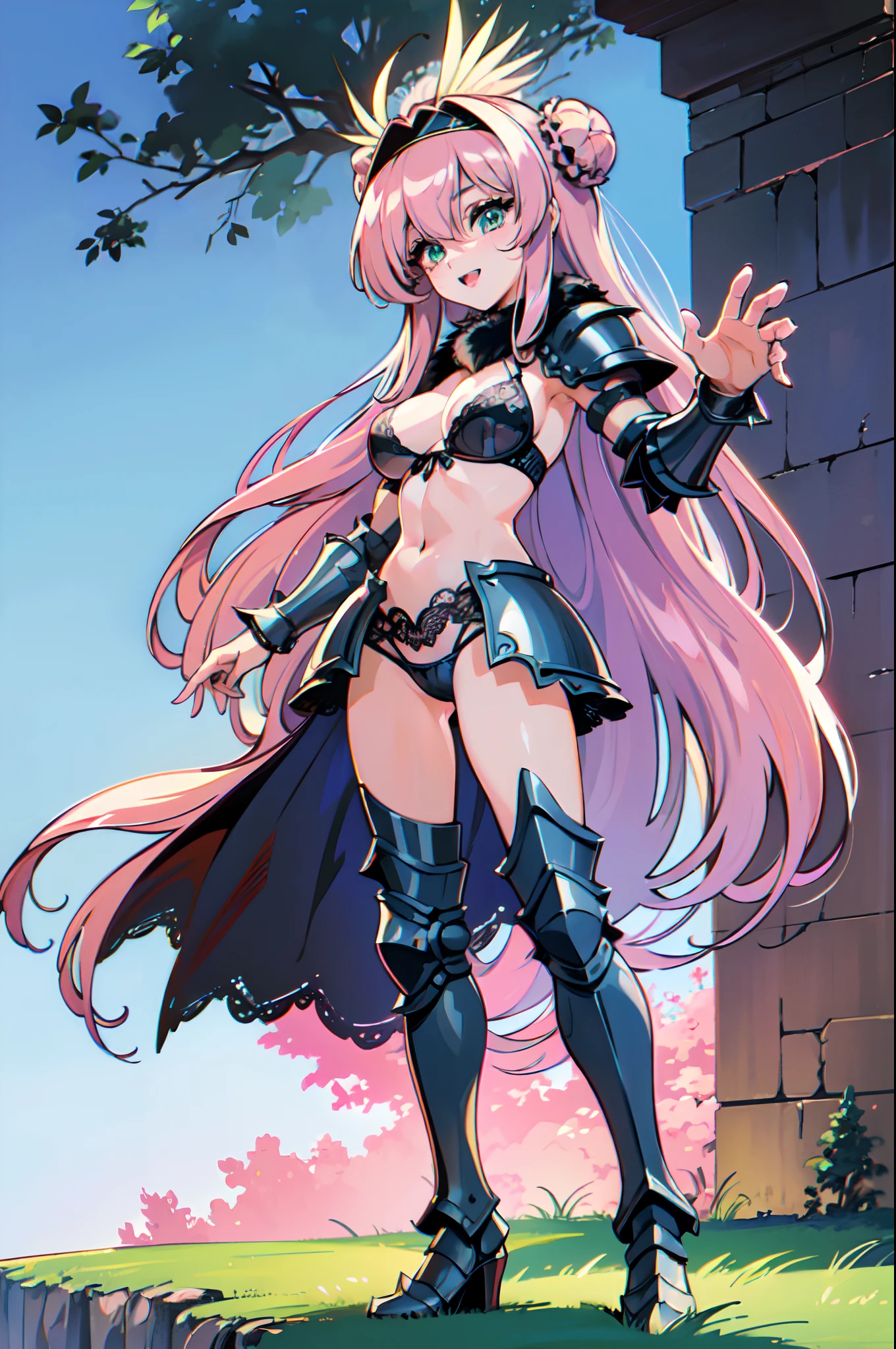"(masterpiece:1.1), best quality,
1girl, (80s anime style:1.4), (eyelashes:1.5),
(intricate high detailed body:1.2),
pink hair,
(hair over one eye:1.1),(long hair, twin bun:1.1), (headband:1.2),
green eyes, (detailed pupils:1.1),
( body:1.2), (large breasts:1.1),
happy, smile, open mouth,
(see-through lace bikini armor:1.2),
(spiked knight armor, armored boots, capelet:1.2), (fur:1.1), (jewelry:1.1), crystal necklace,
standing, claw pose,
(full body:1.1),
(daytime, grassland, outdoors:1.1)"