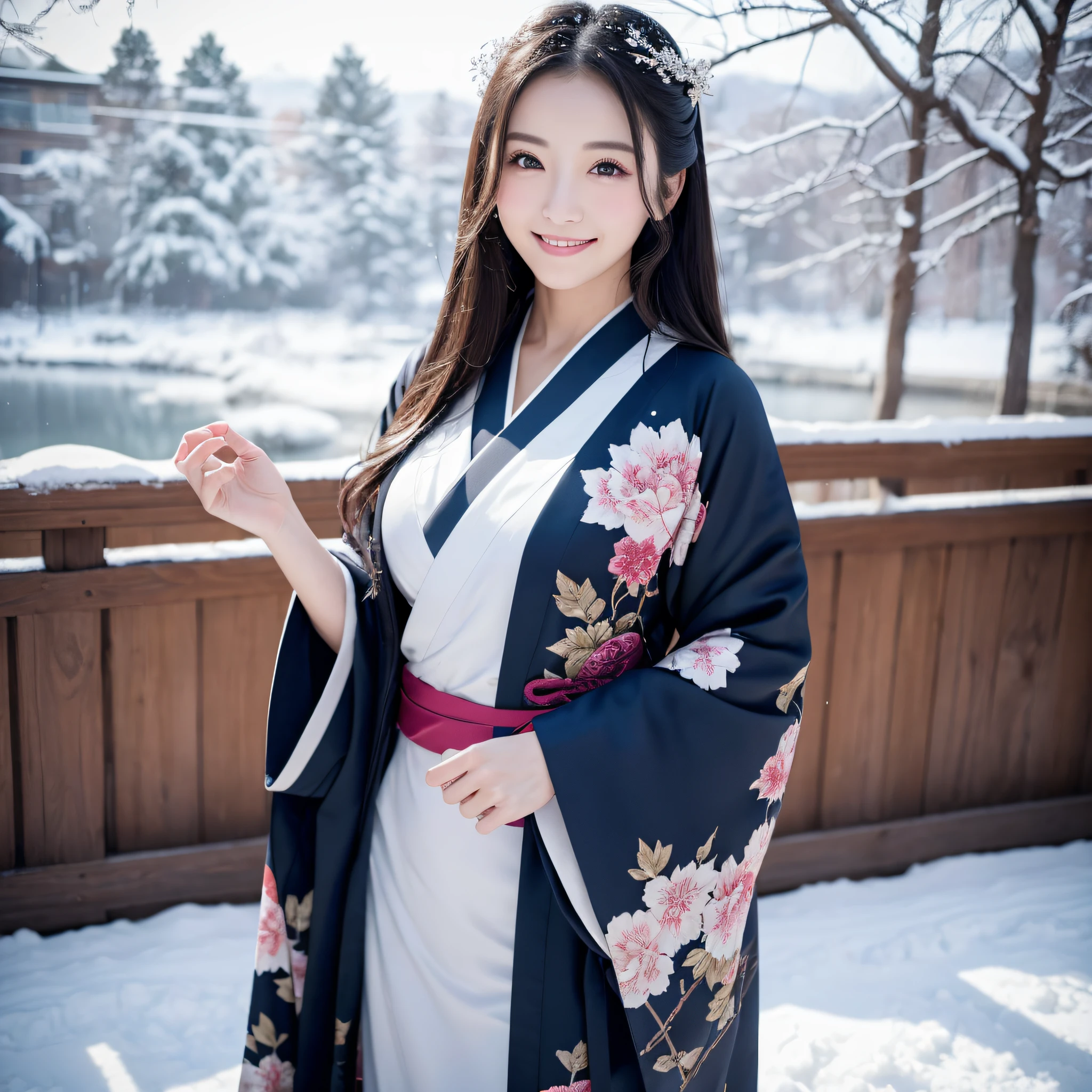 (Super beautiful woman in kimono)、((best qualtiy、8k masterpieces:1.3))、foco nítido:1.2、(ultra beautiful faces:1.0)、(shinny skin:1.0)、photos realistic、A dark-haired、Video Lighting、High-definition eyes and face、Video Lighting、Japanese actressl、from the front side、medium breasts、With a happy smile、Slender Abs Beauty、Whole body、wearing kimonos、In a snowy landscape in the middle of winter