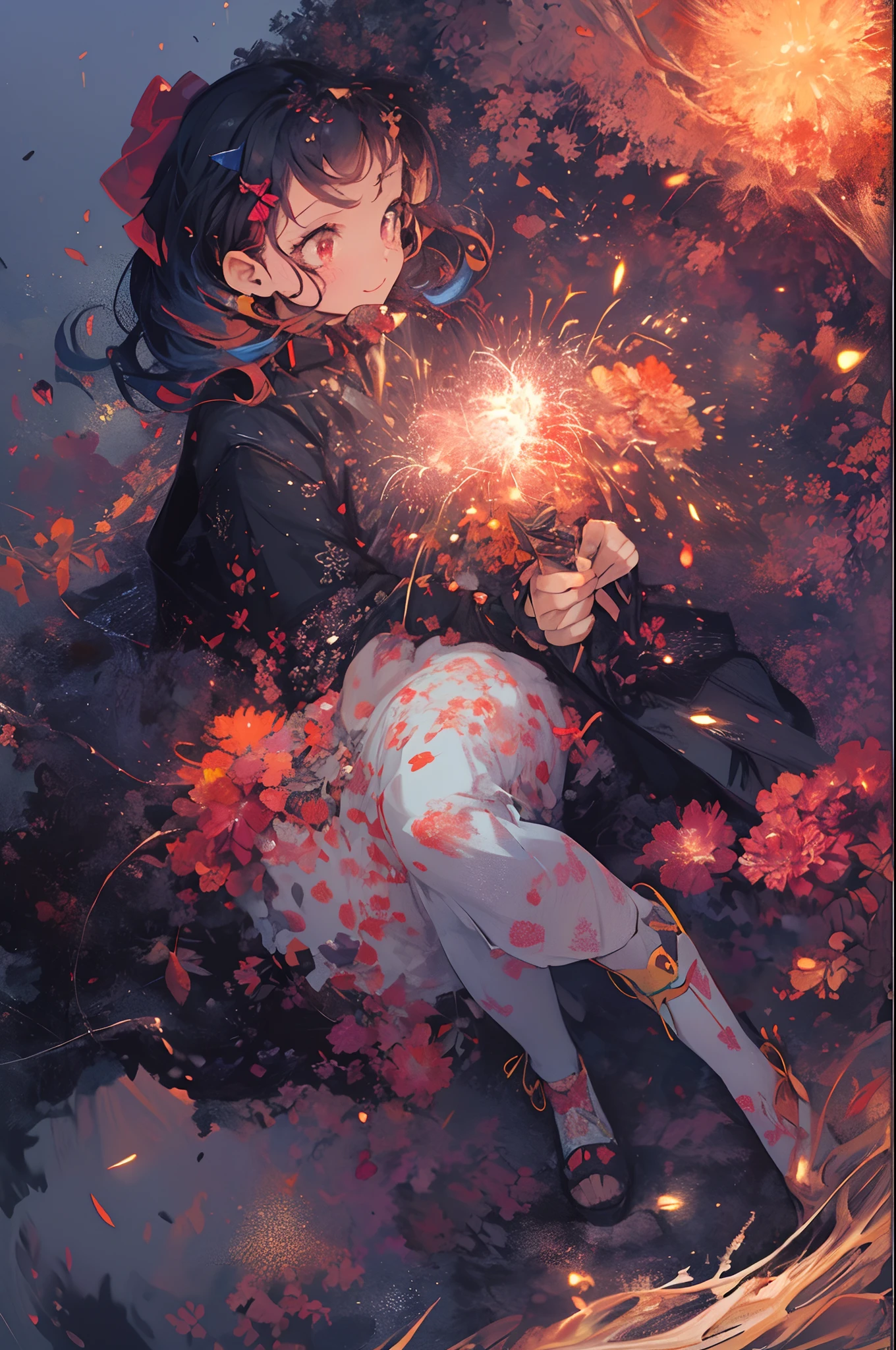 ((Fireworks display seen from space)),Fireworks are the main composition,Fireworks display beyond imagination,innocent smiles、eye glass、Never seen、Seven colors,(1girl in, Solo:1.6),(Cute smile),(Clothes are simple), (Best Impact:1.5), (maximalism:1.7), Vivid contrast, (Realistic), hyperrealistic illustrations, hight resolution, ultra-detailliert, absurderes,(Fractal Art:1.3)、Random hairstyle、Random hair color colorful、FULL BODYSHOT、Retro、Precise focus、randome pose、cinema4d、Drama,((holding swords)),((holding katana))
