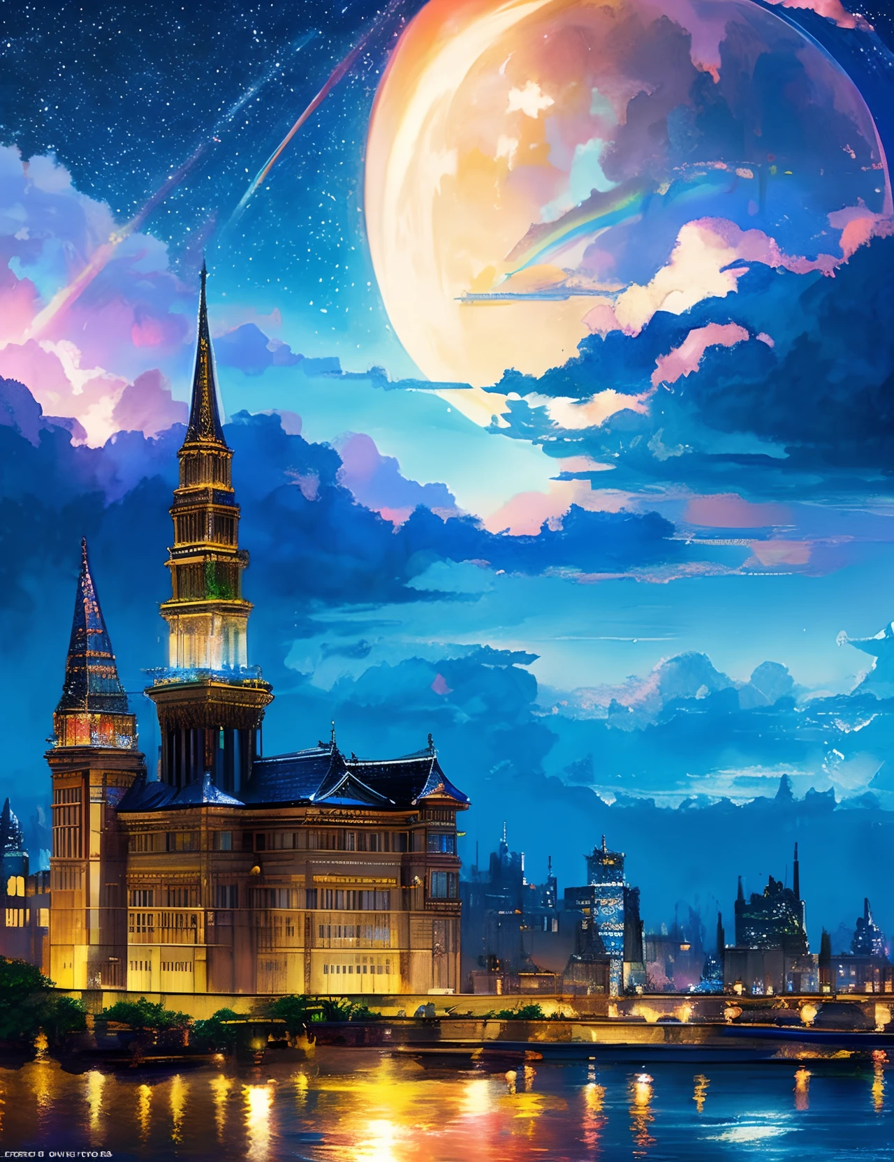 metropolitan、Colorful Metropolitan Museum of Art、River painting with stars and moon in rainbow sky、the met、Shining skyscrapers、Shine across the board、Skyscrapers、Concept art inspired by Mitsuoki Tosa、pixiv contest winners、top-quality、Fantasyart、beautiful anime scene、Bright moon、Moonlit star environment、Dream painting、Anime Background Art、Fantasy landscape art、fantasy knight、anime backgrounds、background artwork、Fantastic art、atmospheric anime、starrysky、Detail has been enhanced。