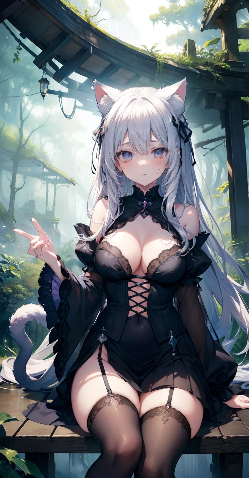 ((Need)), ((tmasterpiece)), (a detailed), Black Lence Stockings,Loli Girl,ethereal beauty, Perched in the forest, (fantasy illustrations:1.3), seductive gaze, captivating posture, Otherworldly Charm, The street, (Luis Royo:1.2), (Yoshitaka Amano:1.1), Rainy days, pastel color, (Detailed view of the cloud:1.3), (A high resolution:1.2),Huge ceiling,Sensual look with raised thighs, cat ears,a cat tail,The hand stroked the chest