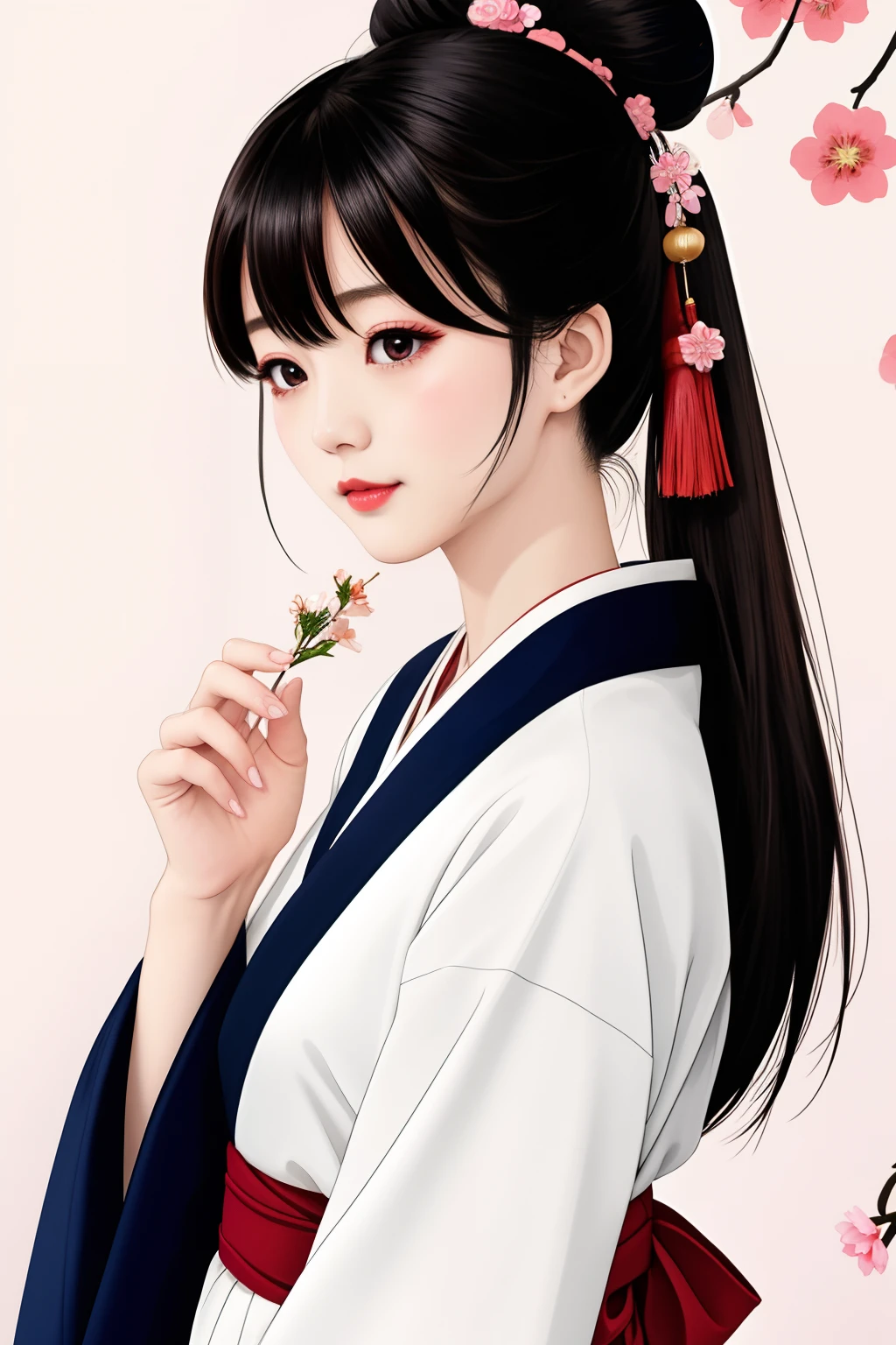 Eyes closed、((Big、a small face、No exposure))、top-quality、​masterpiece、（Bun hair Black hair、Ponytail hair）、Brown eyes、｟From the buttocks up is the whole body、Diagonally horizontal｠、(４In K、​masterpiece、hight resolution、Realistic and beautiful light and shadow、One girl、Solo Focus、(top-quality)、(Hi-Res)、(extremely delicate and beautiful)、(Beautiful 8k face)、(I close my eyes while smiling.)、(独奏)、(Clear skin)、(Soft hair)、(7headed body)、(Japanese style yukata kimono with red and pink floral pattern isolated on white background、Beautiful girl in Japan wearing yukata)、((Hair in a bun))、((Tanabata decoration background))、((a small face))、(reality)、thin and small nose、（red lipsticks）、（Reddening cheeks）、（Lustrous skin）、((Ukiyo-e style))、Ultra-thin eyebrows、Ultra high image quality、（Wearing maiko-style makeup）、skin whitening、long and beautiful lashes、Lustrous skin that changes like a model in a Kyoto magazine、（Red-dyed cheeks）,Nasal muscle