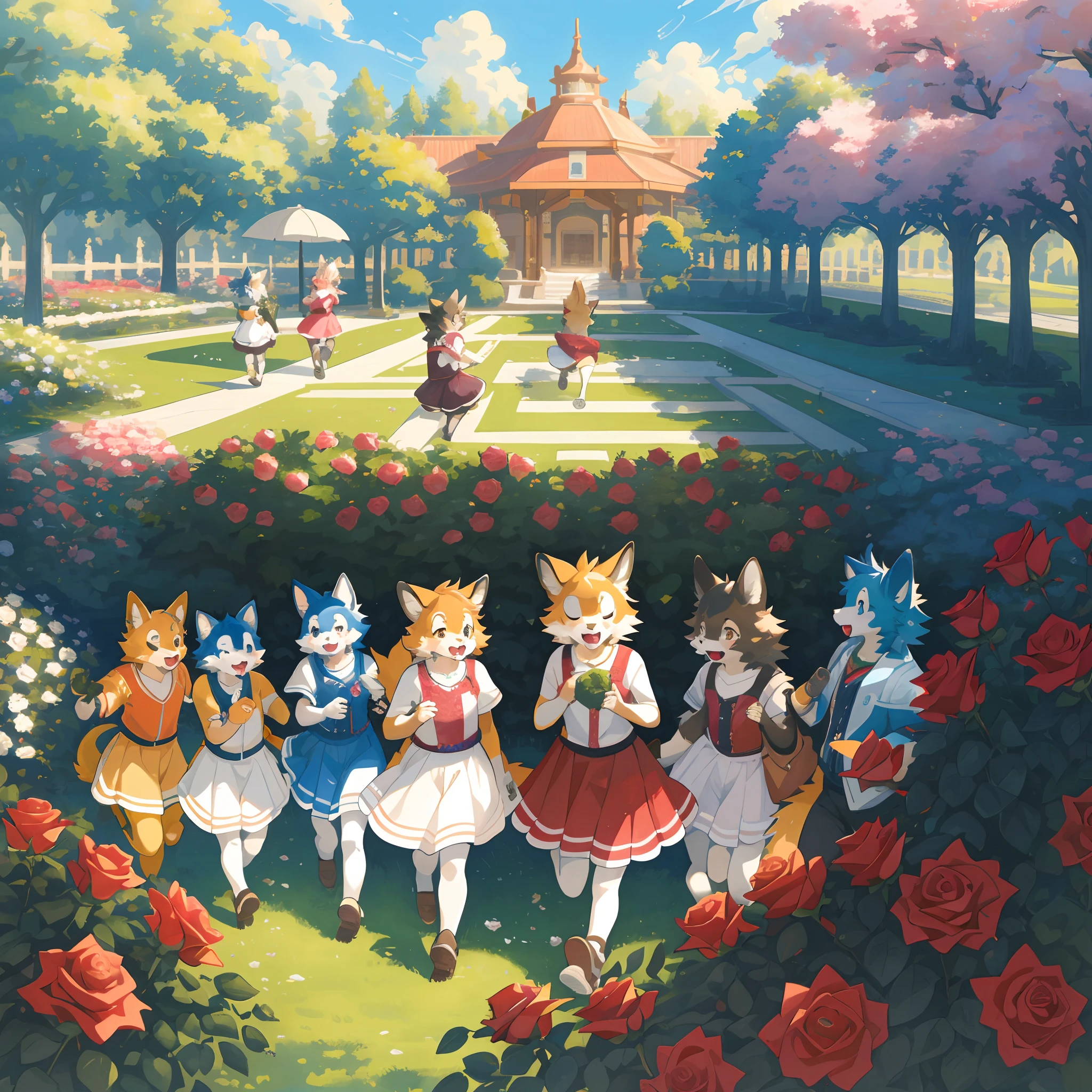 cover_page, highres, top quality, best quality, paid reward available, High-quality illustrations, unparalleled masterpiece, perfect artwork, absurdres, super high resolution, detailed background, o colorful Rose Garden, 6+boys, 6+girls, Happy, joyful(Photos of travelers)(kemono, furry anthro),