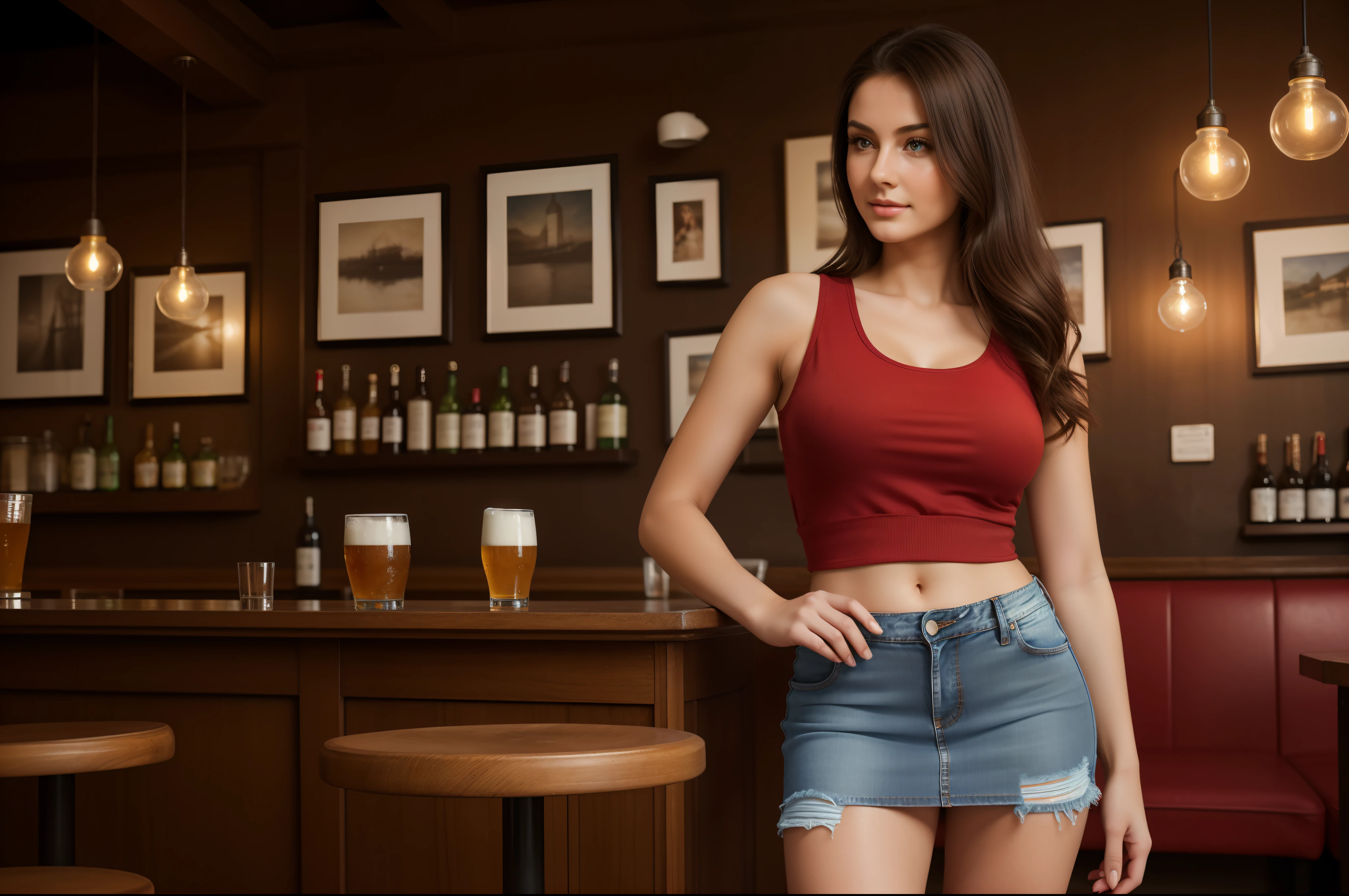 Create a realistic 3D full-body image of a Croatian girl, 23 years old, in good shape, pretty and cute, dressed in colorful Croatian traditional clothes, sitting and drinking beer in a bar. of the city of Hvar Croatia at night