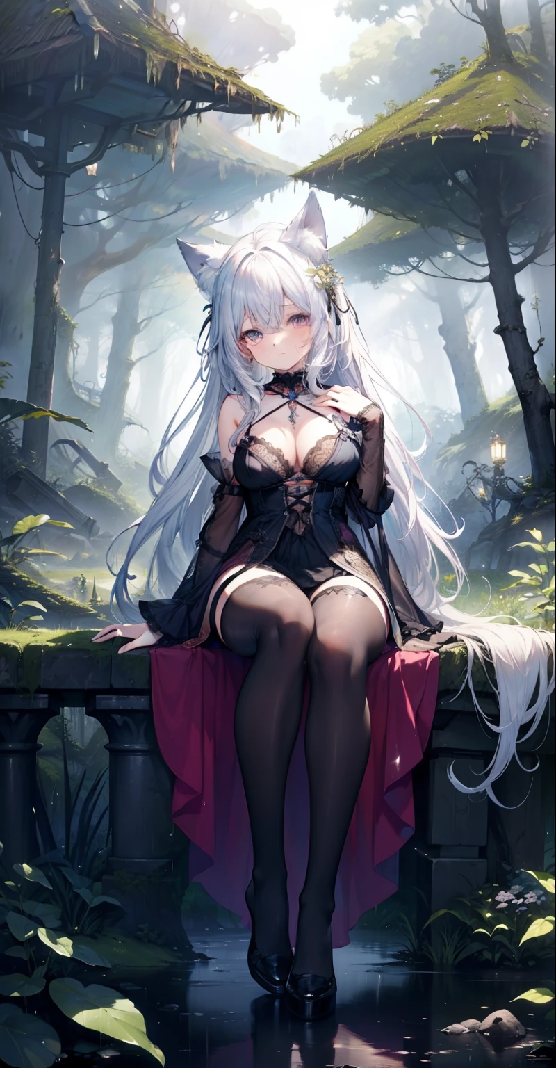 ((Need)), ((tmasterpiece)), (a detailed), Black Lence Stockings,Loli Girl，ethereal beauty, Perched in the forest, (fantasy illustrations:1.3), seductive gaze, captivating posture, Otherworldly Charm, The street, (Luis Royo:1.2), (Yoshitaka Amano:1.1), Rainy days, pastel color, (Detailed view of the cloud:1.3), (A high resolution:1.2)，Huge ceiling，Sensual look with raised thighs， cat ears，a cat tail，The hand stroked the chest