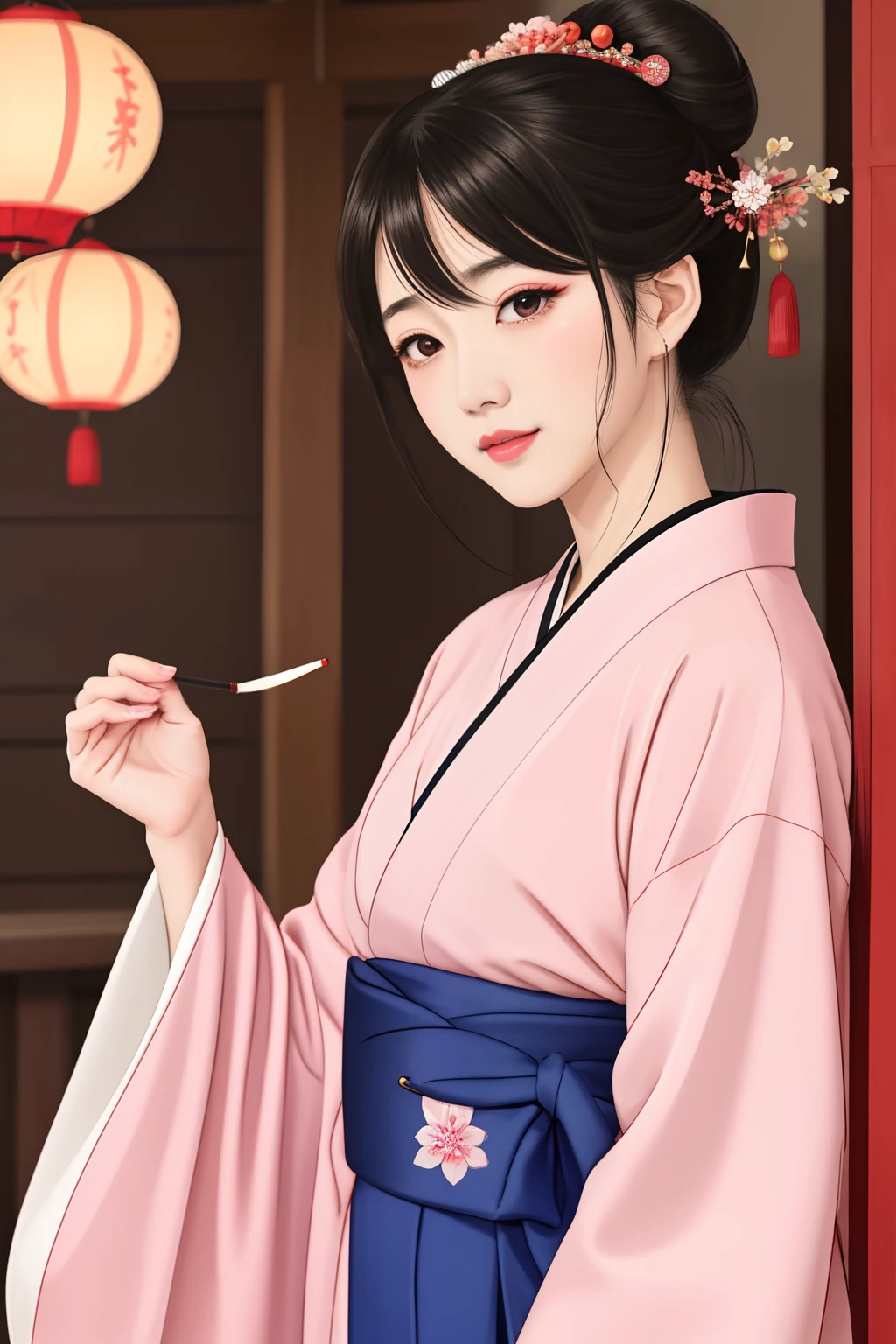 ((Big、a small face、No exposure))、top-quality、​masterpiece、（Bun hair Black hair、Ponytail hair）、Brown eyes、｟From the buttocks up is the whole body、Diagonally horizontal｠、(４In K、​masterpiece、hight resolution、Realistic and beautiful light and shadow、One girl、Solo Focus、(top-quality)、(Hi-Res)、(extremely delicate and beautiful)、(Beautiful 8k face)、(I close my eyes while smiling.)、(独奏)、(Clear skin)、(Soft hair)、(7headed body)、(Japanese style yukata kimono with red and pink checkered pattern isolated on white background、Beautiful girl in Japan wearing yukata)、((Hair in a bun))、((Tanabata decoration background))、((a small face))、(reality)、thin and small nose、（red lipsticks）、（Reddening cheeks）、（Lustrous skin）、((Ukiyo-e style))、Ultra-thin eyebrows、Ultra high image quality、（Wearing maiko-style makeup）、skin whitening、long and beautiful lashes、Lustrous skin that changes like a model in a Kyoto magazine、（Red-dyed cheeks）,Nasal muscle