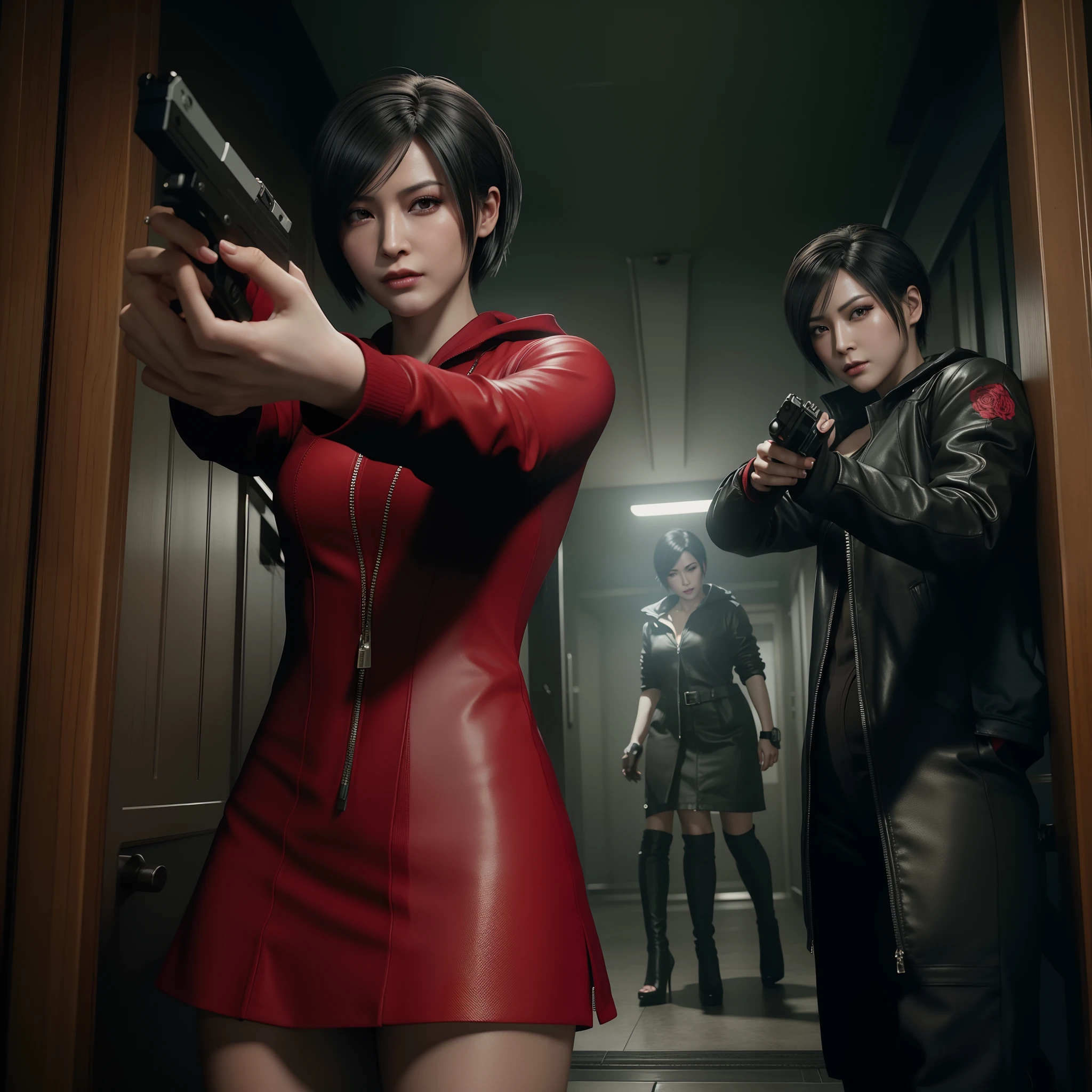 Ada wong 40 years old, beautiful face, bob hair, perfect Face, wearing mini red rose dress hoody, black nail polish, glare, red heels