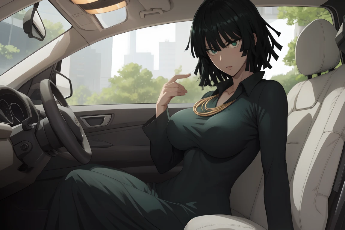 Anime art style, Fubuki from one punch man, green hair, white skin, wearing V-neck dress, sitting in car, sitting on back sit, cinematic lights, blushing cheeks, smilling, looking back at viewers, big breast,