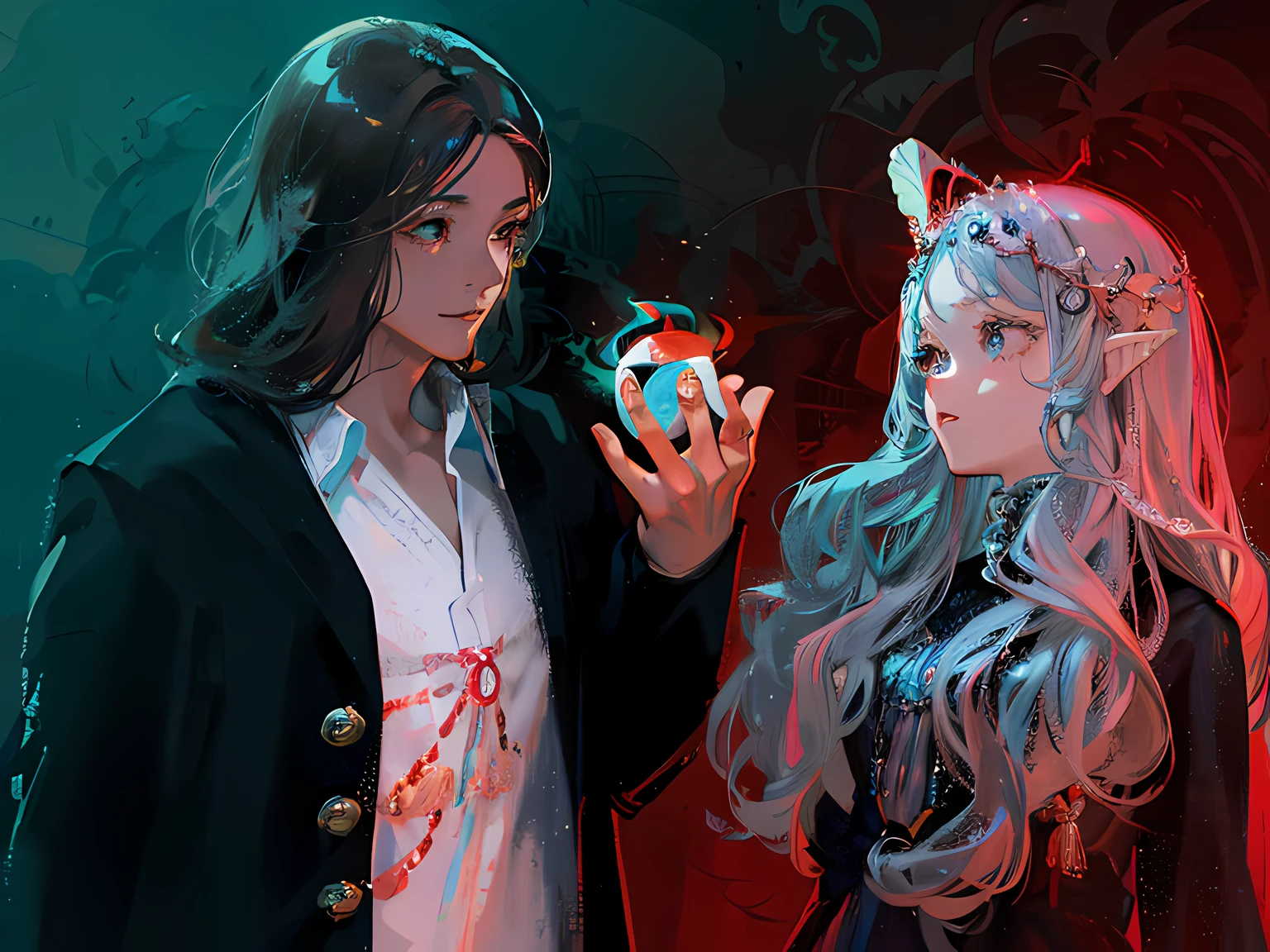 Masami Teraoka, aquamarine, Paul Cool, Embry Style, Honest image, Beautiful anime character, big eyes, overdetalization, elvish, The Angel and the Demon, pixie, halo over head, glowing lights