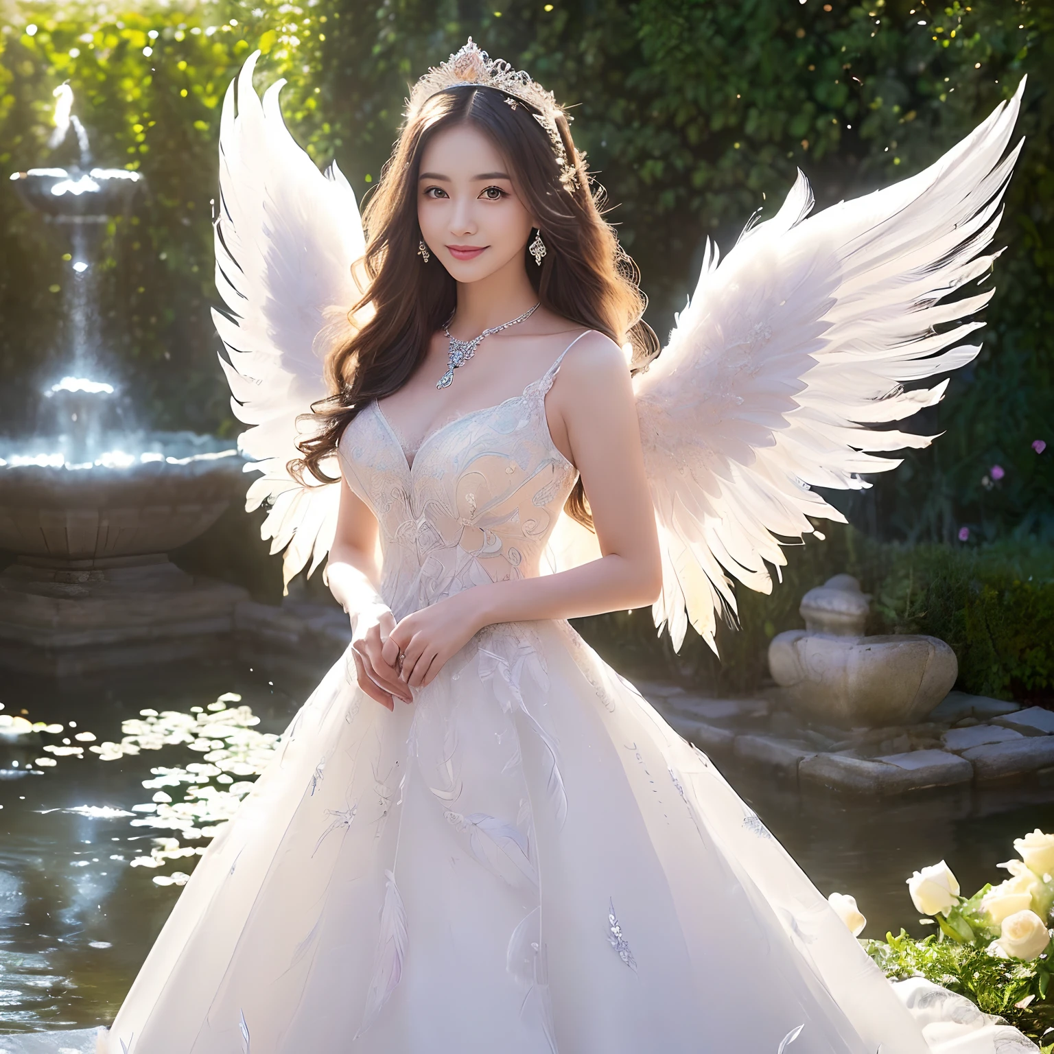(((masutepiece、top-quality、Highly complex and detailed depictions)))、((Very beautiful angel queen、Maternal smile,mothers,Smile、Perfect gas chamber、Perfect 2 Wing、white roses、A large amount of white roses、Beautiful white roses、The most beautiful gardens in the world、The most complex and fantastic gardens in the world、Beautiful smile,、A detailed face、Perfectly depict the face、Walk along the cobblestones、Walking in the garden、Hair swaying in the wind、Take photos up close、Take a photo above the thigh、Final Form as Perfect Angel, ,Huge and realistic angel wings,The most dignified feathers,The most detailed and intricate angel wings、King of Angels,The most dignified angel,Shimmering white feathers、Plumage gives off a transparent shine、Graceful and classy pose、The brilliance of a fairy tale、Fairytale Garden、Garden with white flowers、Walking in the garden、Flowers, Fountains and cobblestone gardens、Walking in the garden、Beautiful cobblestones、white blossoms,、Beautiful temple gardens、There is a spring surrounded by cobblestones、Sacred Well、crystal-clear water、It is full of white flowers、white blossoms、Her feathers shine like a fairy tale、、Beautiful temple gardens、Fairytale Garden、Walking in the garden、Angels bathed in the sacred soft light、spectacular movie lighting、The most classy white dresses、Very noble、refinement、top grade、Wings shining in a fairy tale、The most massive pure white princess dress, The finest necklaces,artistic décor,Intricate and solemn dress of an angelic masterpiece,White decorative dress,Huge Princess Dresses,The most majestic figure of the angel,The most intricately depicted angelic figures,The plumage gives off a translucent fairytale glow、Unimaginable beauty,The most intricate and beautiful dresses,Accurate reproduction of the perfect angelic detail,The figure of an unimaginably beautiful angel)),((Most beautiful face,Half Japan and half Spanish,Maternal tenderness、Maternal smile,Beautiful wavy hair,The most luxurious and intricate dresses,stares at the camera、Giant wings of angels,masutepiece,8K,very intricate,ultra-detailliert))