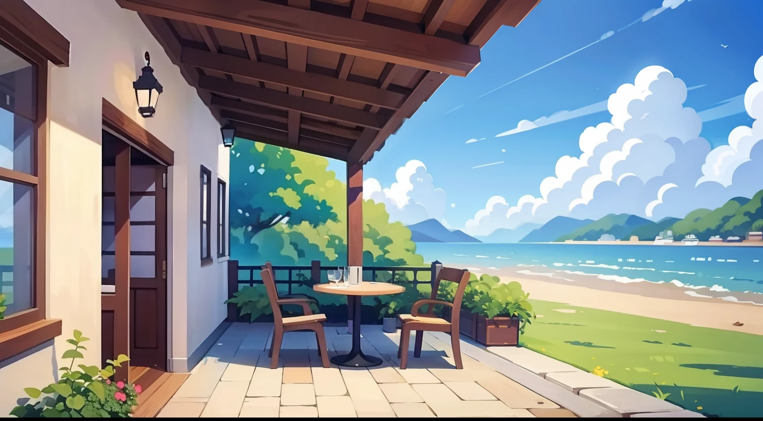 Beautiful landscape painting、Cafe terrace seating、blue-sky、ultra-quality、masutepiece、Natural Color、a Dog