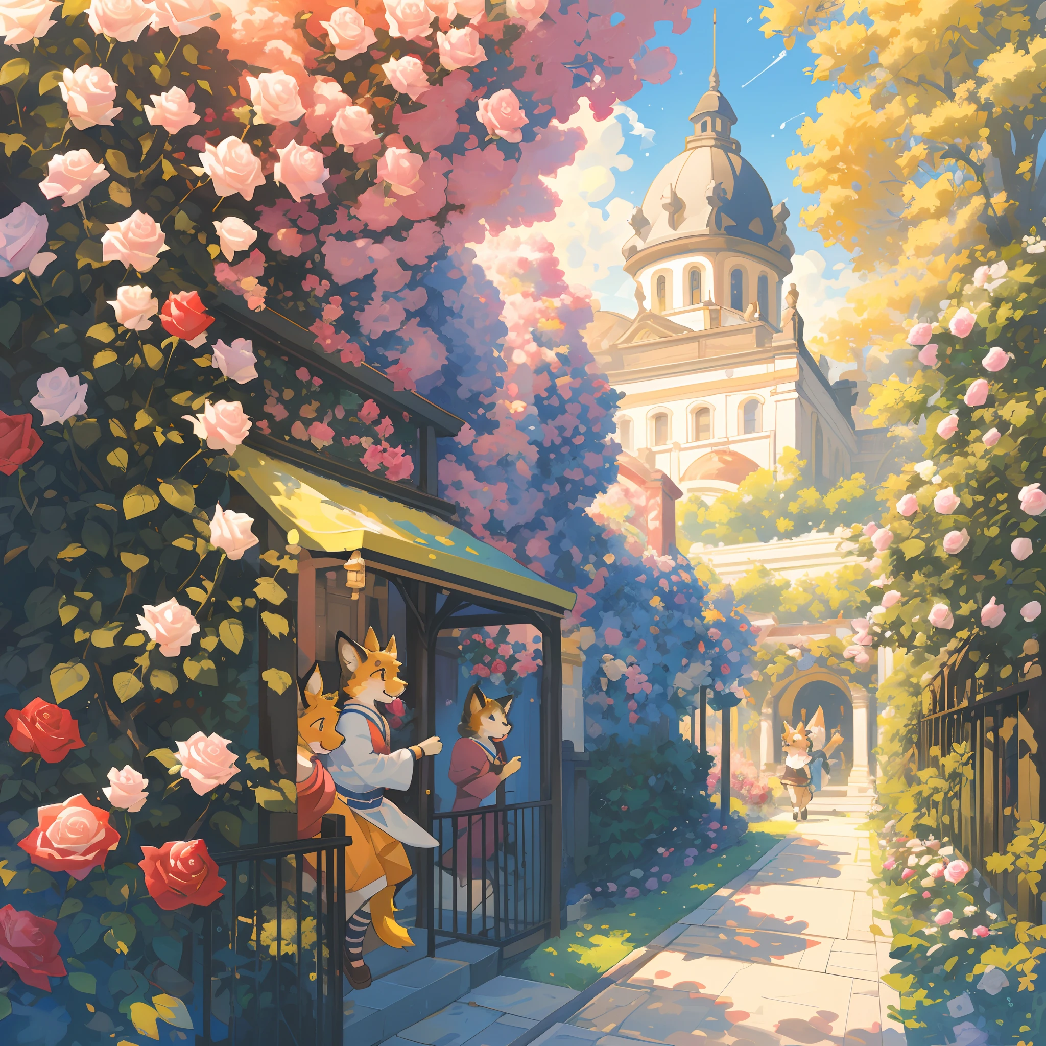 cover_page, highres, top quality, best quality, paid reward available, High-quality illustrations, unparalleled masterpiece, perfect artwork, absurdres, super high resolution, detailed background, o colorful Rose Garden, 6+boys, 6+girls, Happy, joyful(Photos of solo travelers)(kemono, furry anthro),