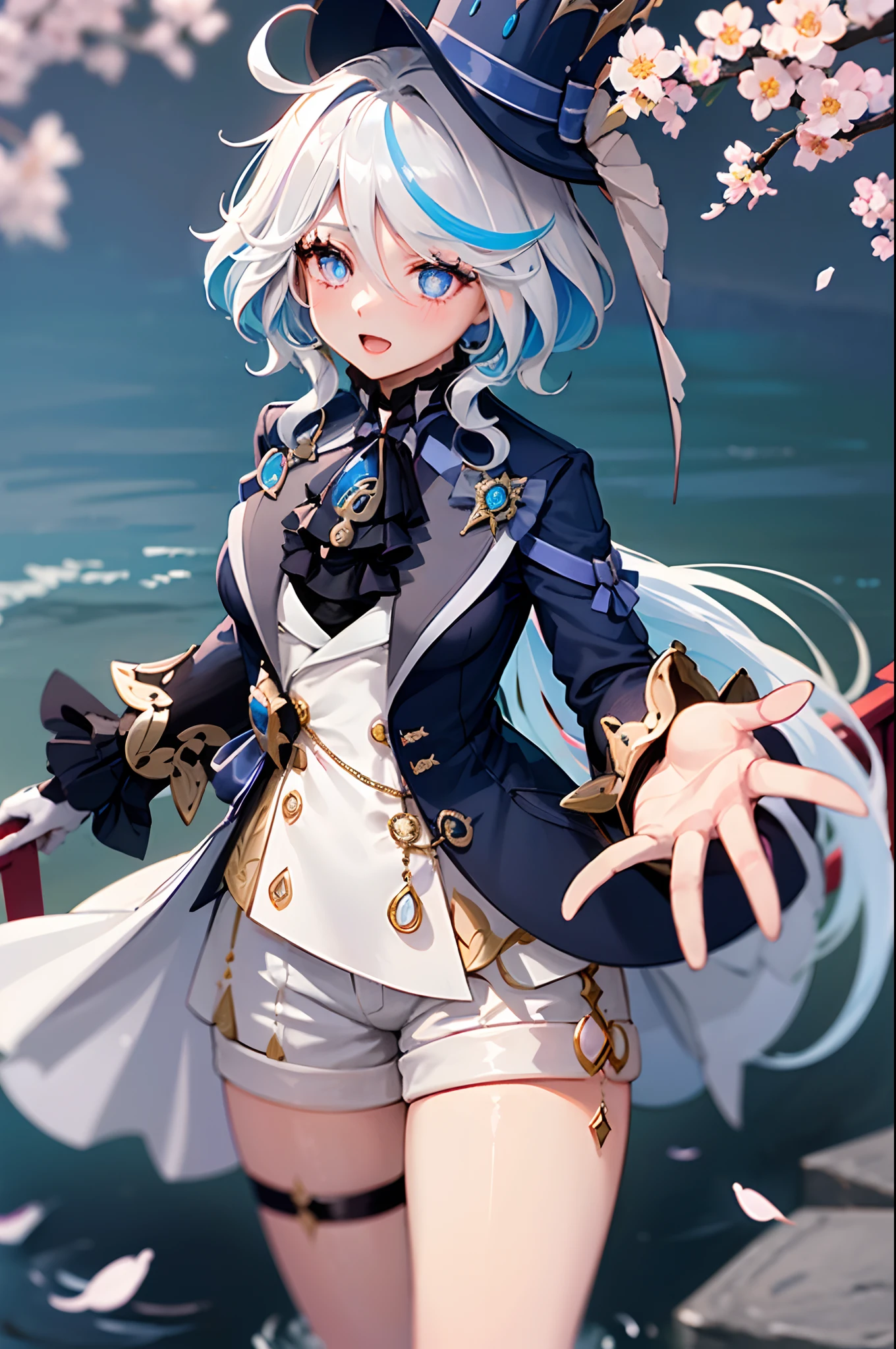 masterpiece, best quality, ultra-detailed, glistening shiny, glowing light, ray tracing, HDR, deph of field, (perfect face, detailed face, detailed eyes,perfect hands),(medium boobs:1.2),8k,HD,ultra realistic face,ray tracing,perfect lighting,best quality, ultra-detailed, shiny eyes, (looking at viewer,open mouth smile:1.1), ((1girl)), (mature female:1.4),cowboy shot,thighs,pov,
furina,long hair,((gradient hair)),multicolored eyes, gradient eyes, (glowing eyes:1.5), mascara, (fashion make up), parted lips,blush,shirt, gloves, long sleeves, hat,jewelry,jacket, white shirt, flower,shorts, black gloves,ascot, thigh strap, blue jacket, brooch, gem, blue headwear, blue flower, white shorts, hat flower, blue rose, tilted headwear, blue gemstone, blue ascot
((middle of japanese countryside,japanese bridge,over the bridge,river,cherry trees,cherry petals,dark blue sky,Koi on river)),(complex background, many elements in the background:1.2),((super detailed background)), mistress poses, ((8k wallpaper)),