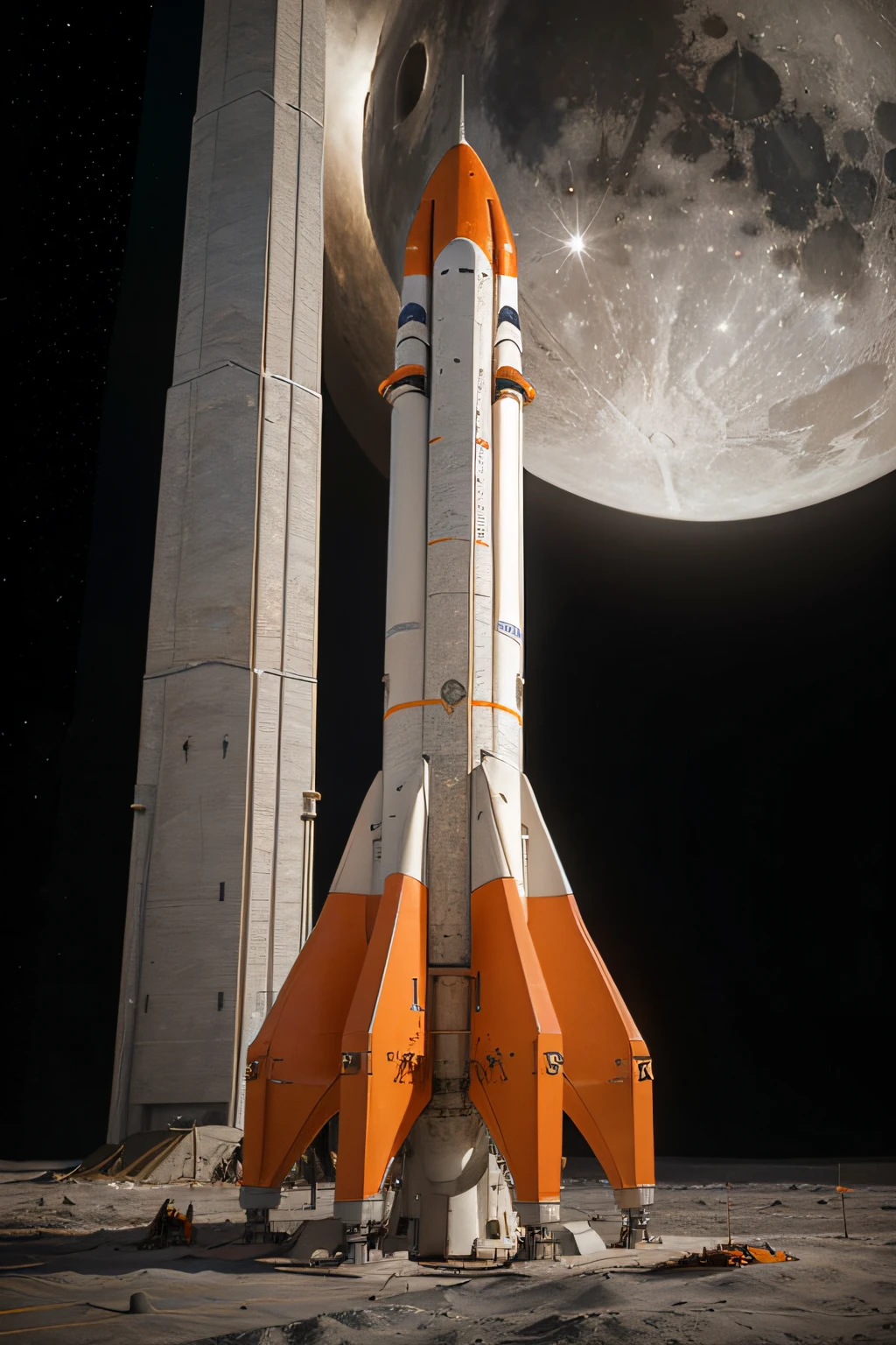detailed starship white and orange painting metal surfaces, hard surfaces modelling, detail render, space rocket concept art, surfaces moon, futuristic, nasa style
