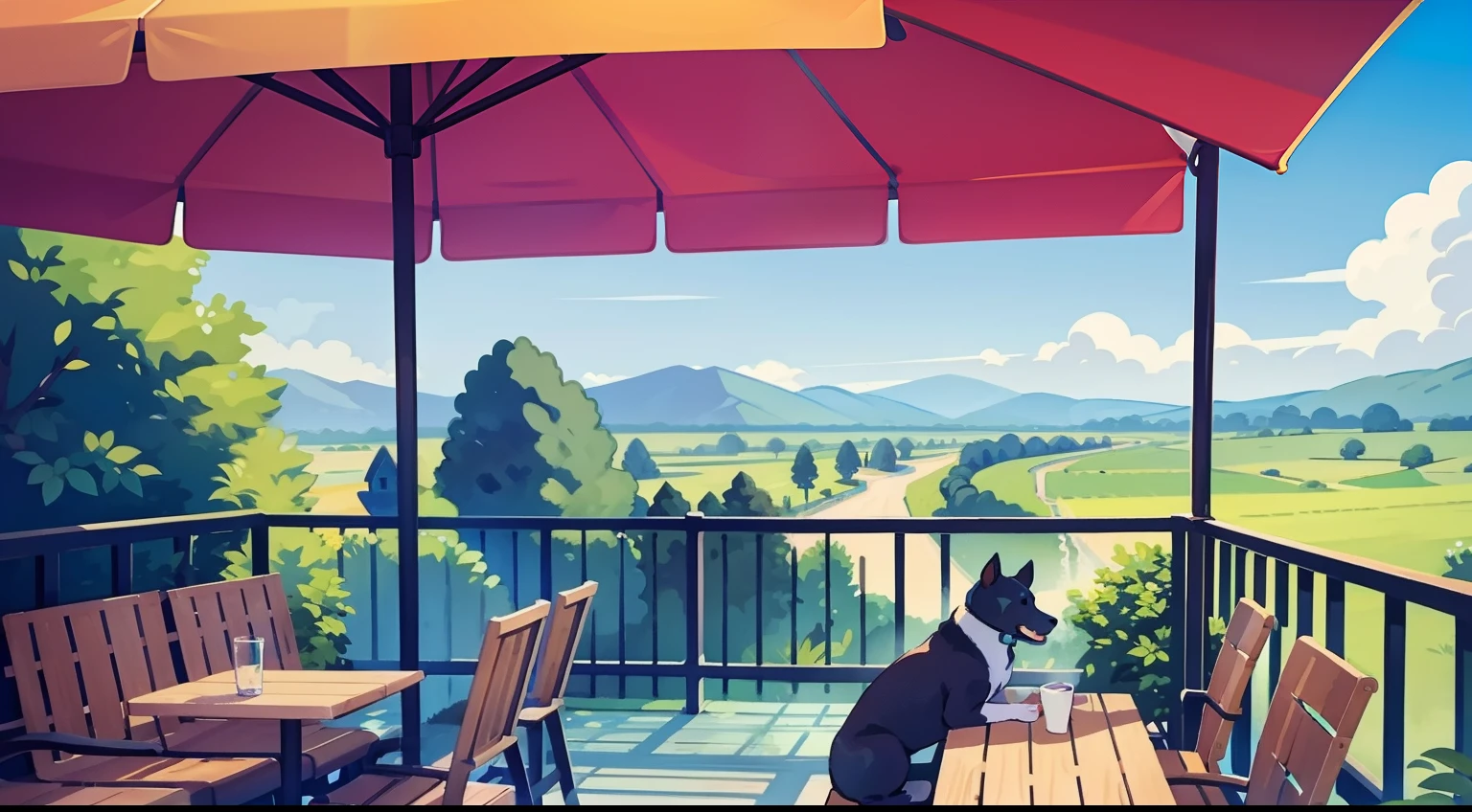 Beautiful landscape painting、Cafe terrace seating、blue-sky、ultra-quality、masutepiece、Natural Color、Dog on a chair